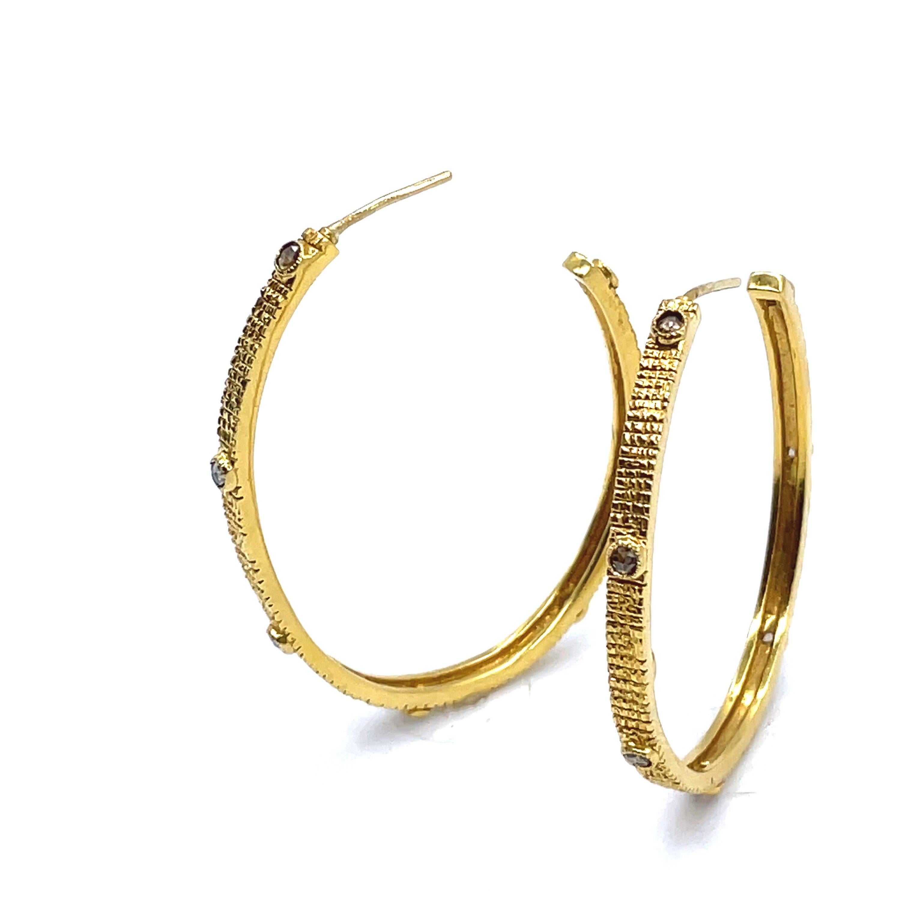 Contemporary Eternity Hoop Earrings in 20K Yellow Gold with Rose-Cut Diamonds For Sale