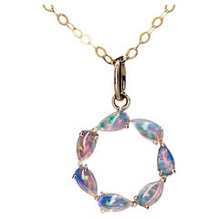 Eternity Love Australian Crystal Opal Circle Necklace Pendant 14K Yellow Gold