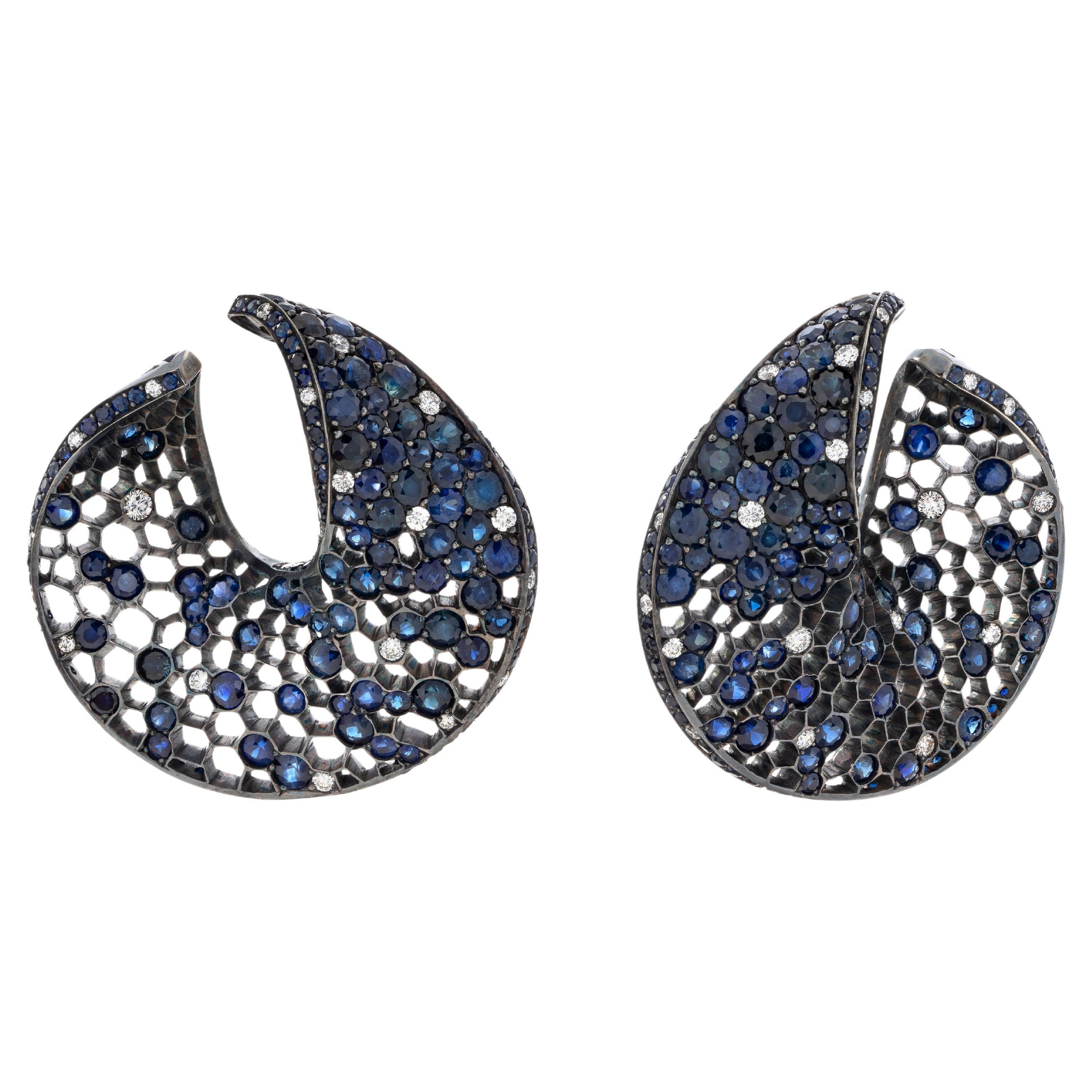 Eternity night earrings, Ceylon sapphires, diamonds, 18K gold and silver For Sale