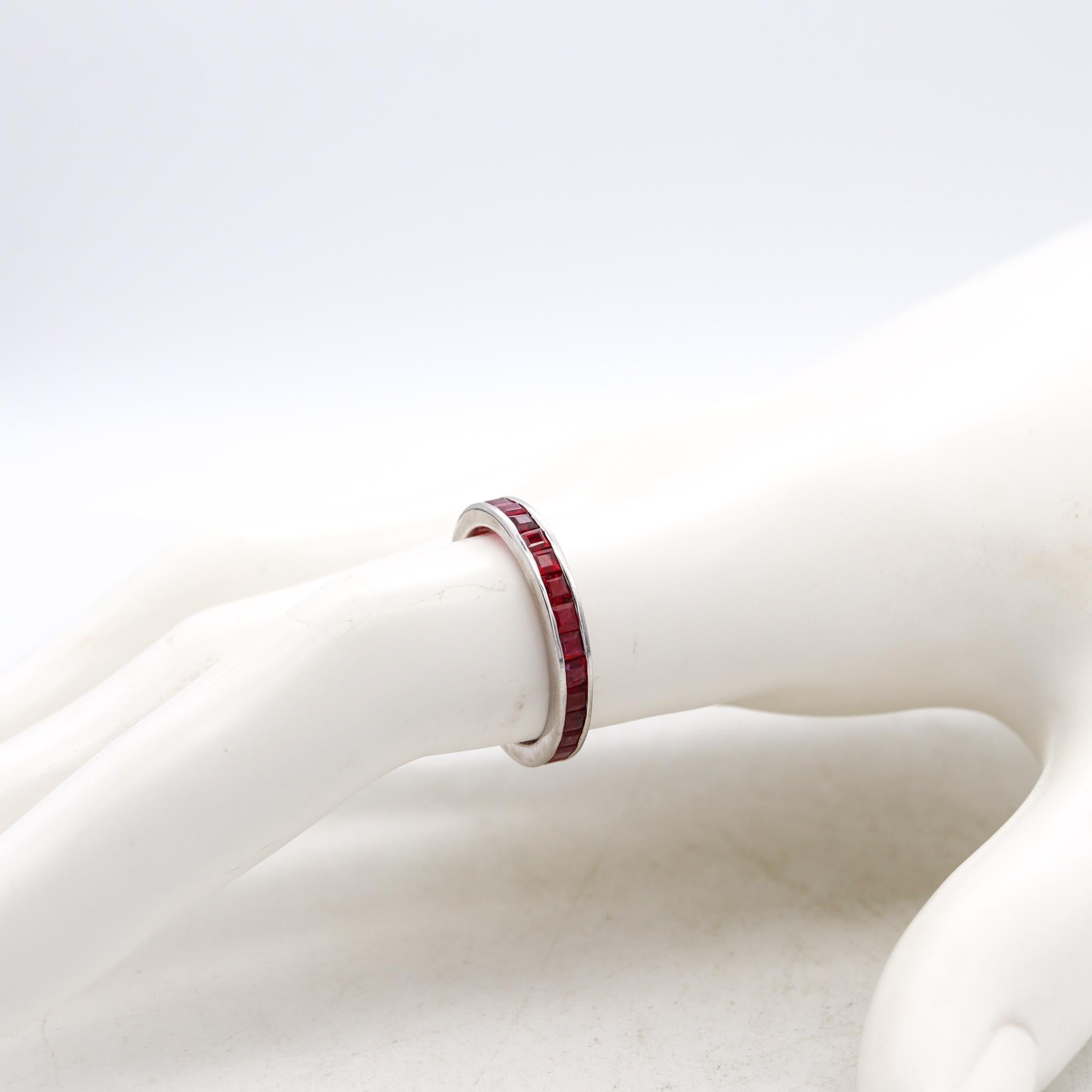 French Cut Eternity Ring Band in 18Kt White Gold with 1.82 Carats in Burmese Red Rubies For Sale
