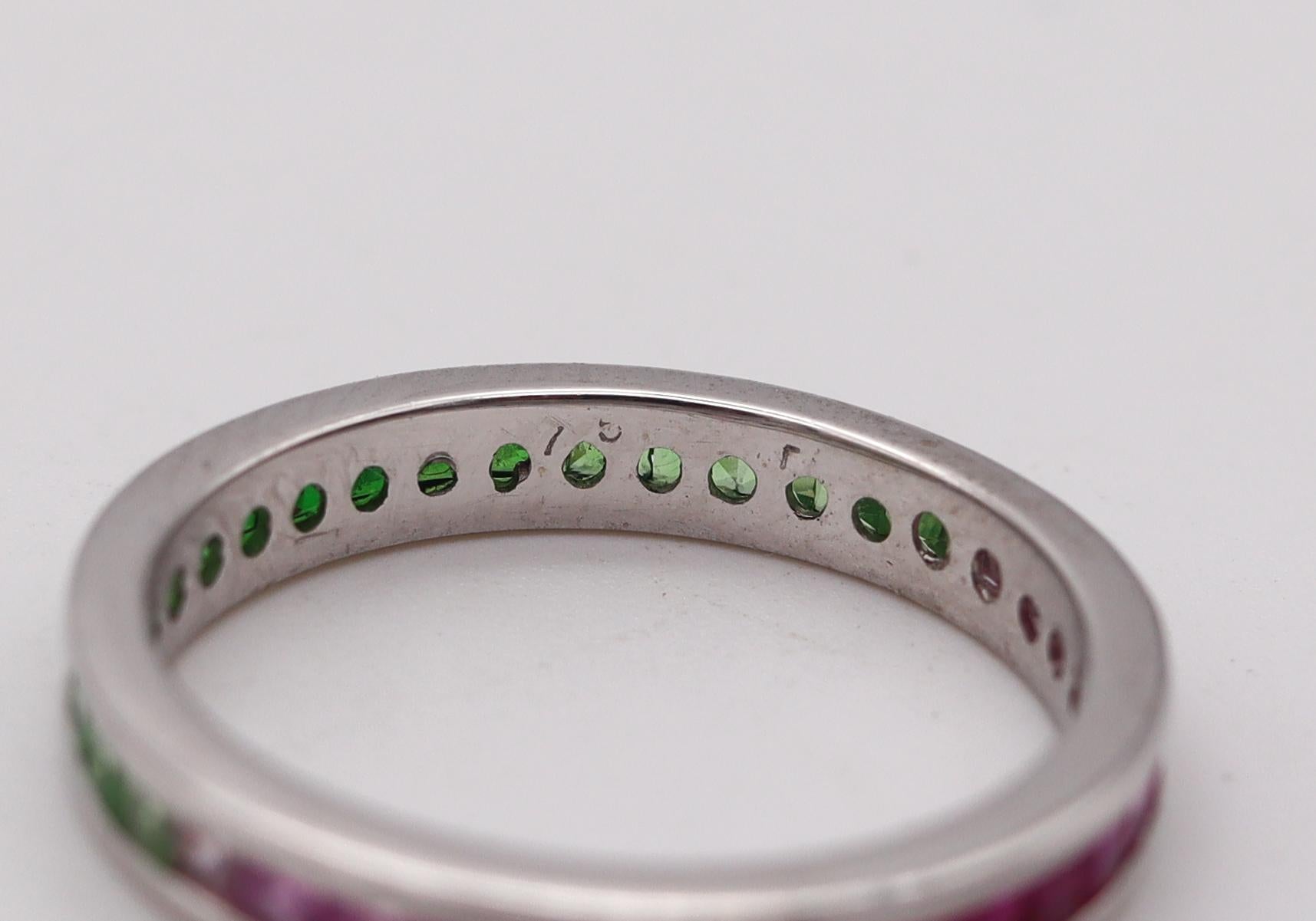Princess Cut Eternity Ring Band in 18kt White Gold with 1.95 Ctw in Green and Pink Sapphires For Sale