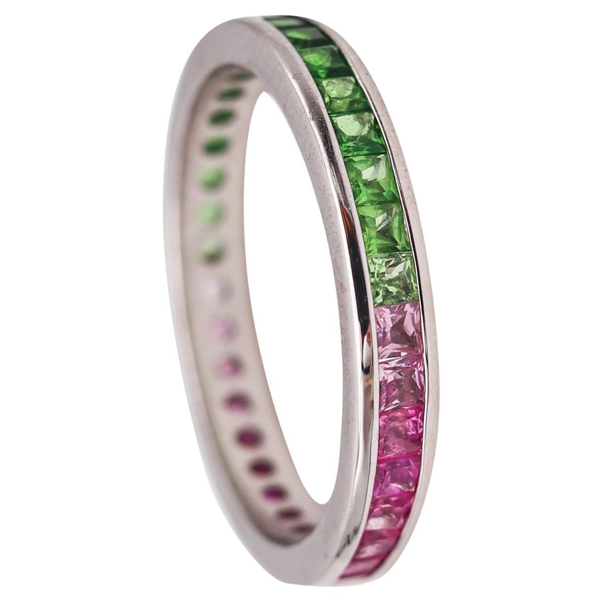 Eternity Ring Band in 18kt White Gold with 1.95 Ctw in Green and Pink Sapphires For Sale