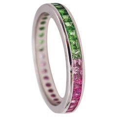 Eternity Ring Band in 18kt White Gold with 1.95 Ctw in Green and Pink Sapphires