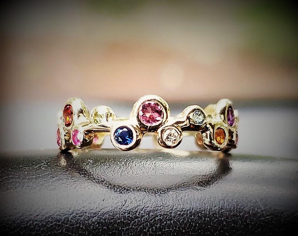 Eternity Ring in 14ky with Colored Gemstones and Diamonds In New Condition In Carlisle, MA