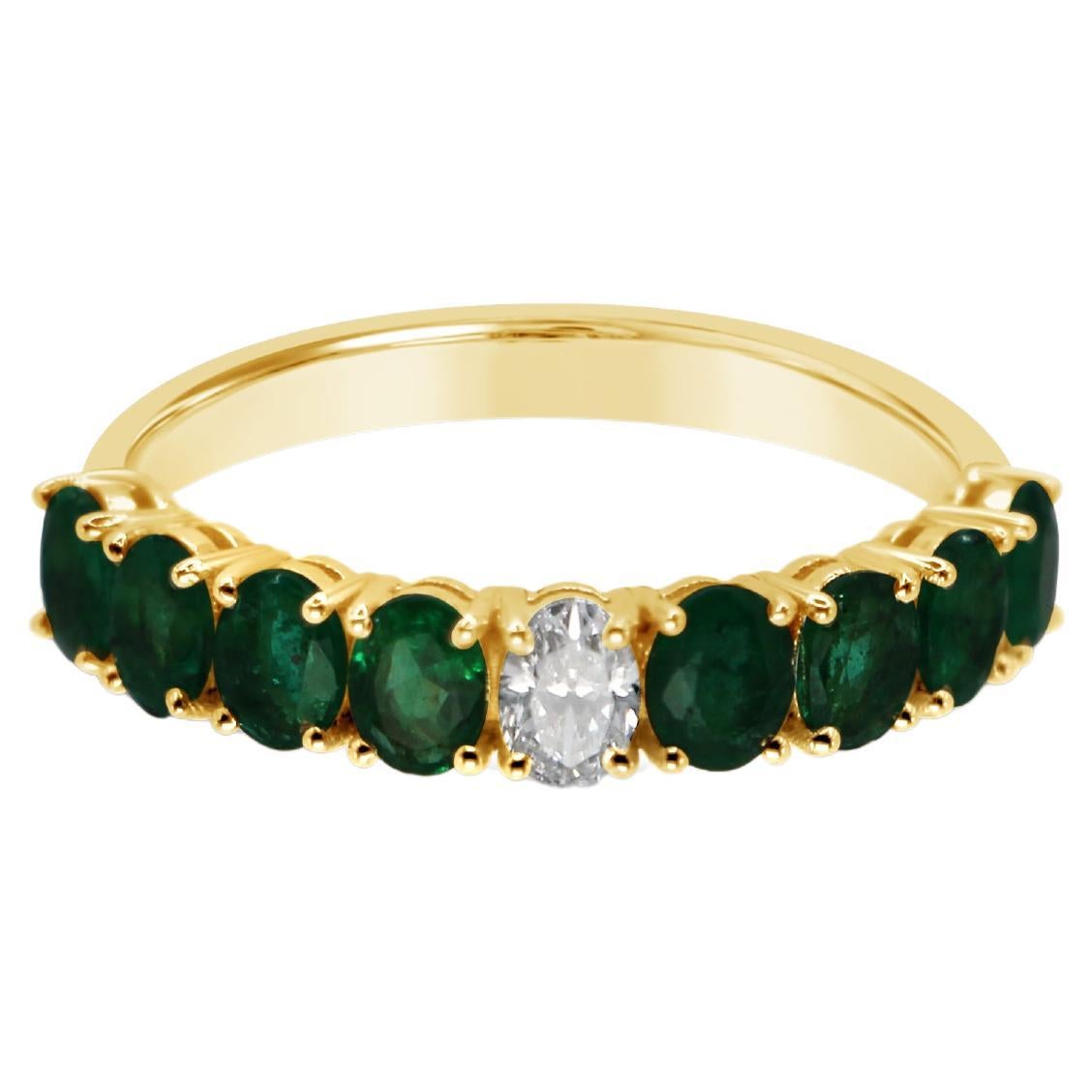 Eternity Ring with Oval Brilliant Cut Green Emeralds and Diamond in 18Kt  Gold For Sale