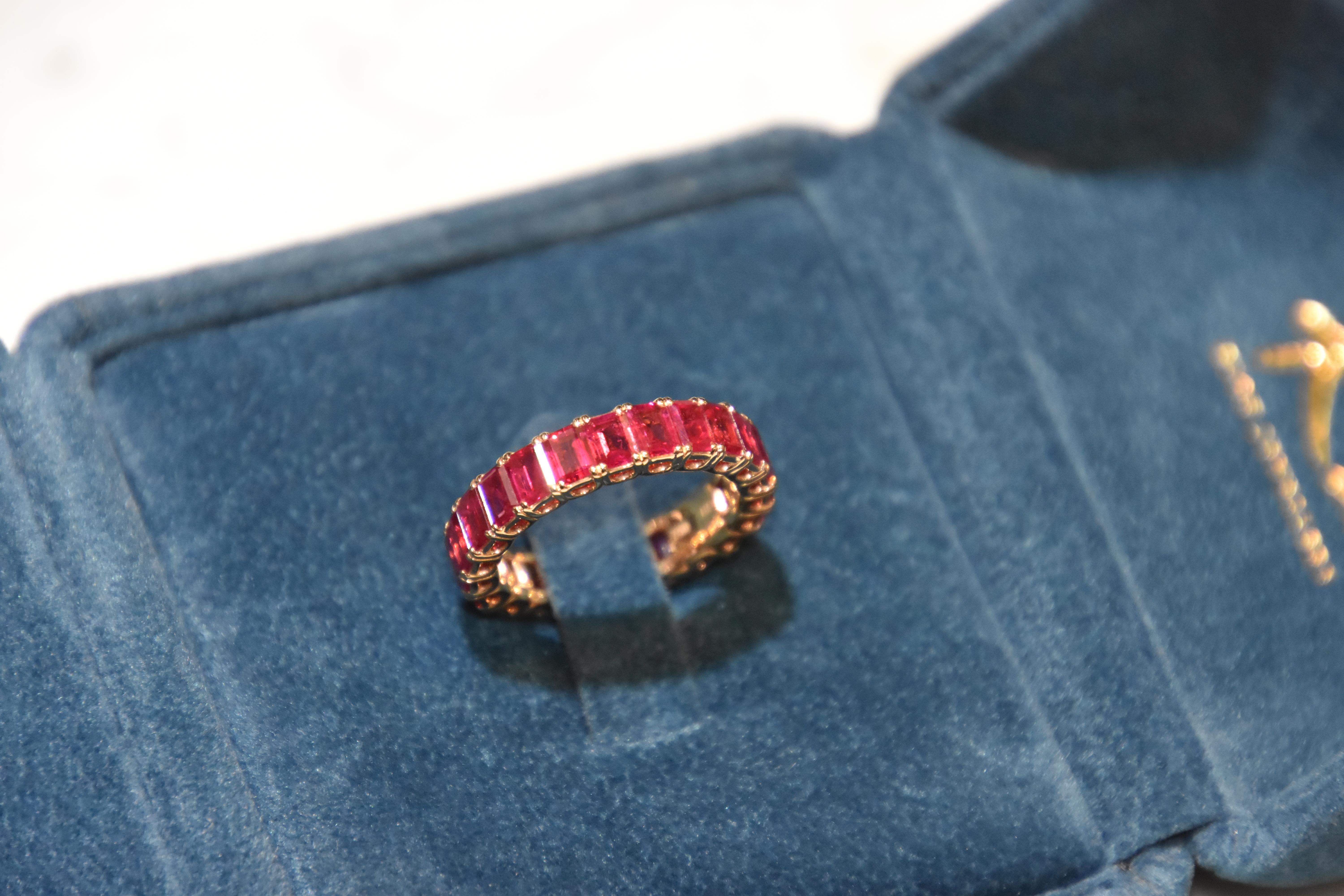 Emerald Cut 18K Rose Gold Eternity Ruby Band Ring  For Sale