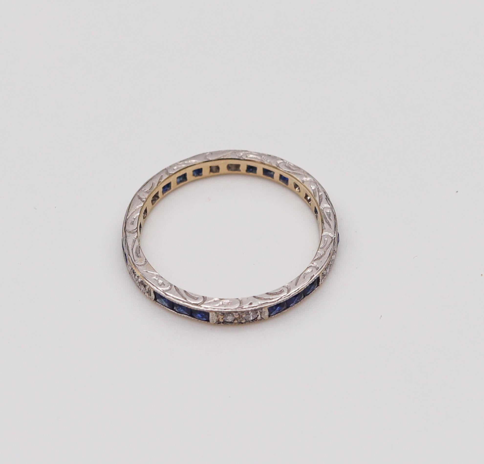 Art Deco Eternity Station Ring in 18Kt White Gold with 1.32 Cts in Sapphires and Diamonds
