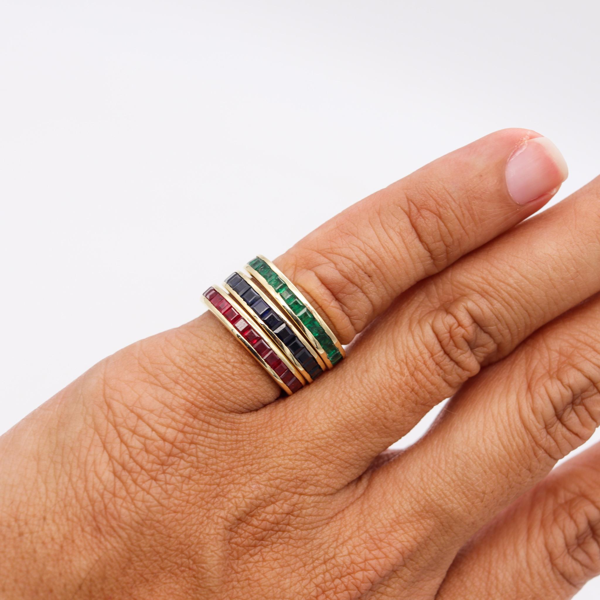 Modernist Eternity Trio Of Rings Bands In 14 Kt Gold 6.90 Ctw Sapphires Emeralds & Rubies