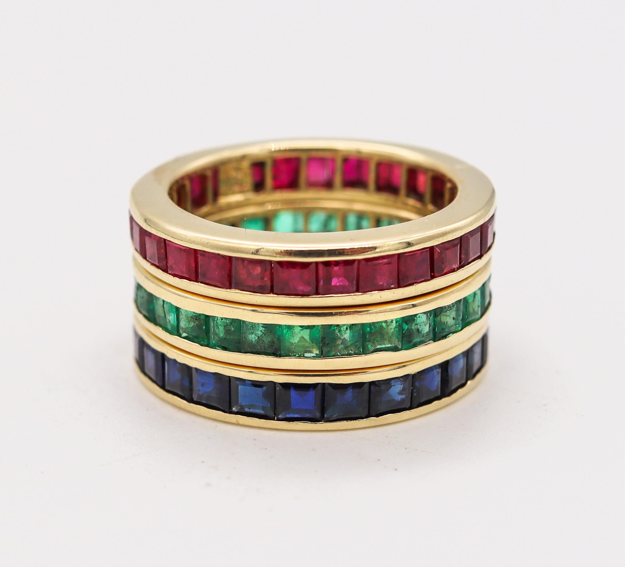 Women's Eternity Trio Of Rings Bands In 14 Kt Gold 6.90 Ctw Sapphires Emeralds & Rubies