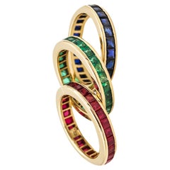 Retro Eternity Trio Of Rings Bands In 14 Kt Gold 6.90 Ctw Sapphires Emeralds & Rubies