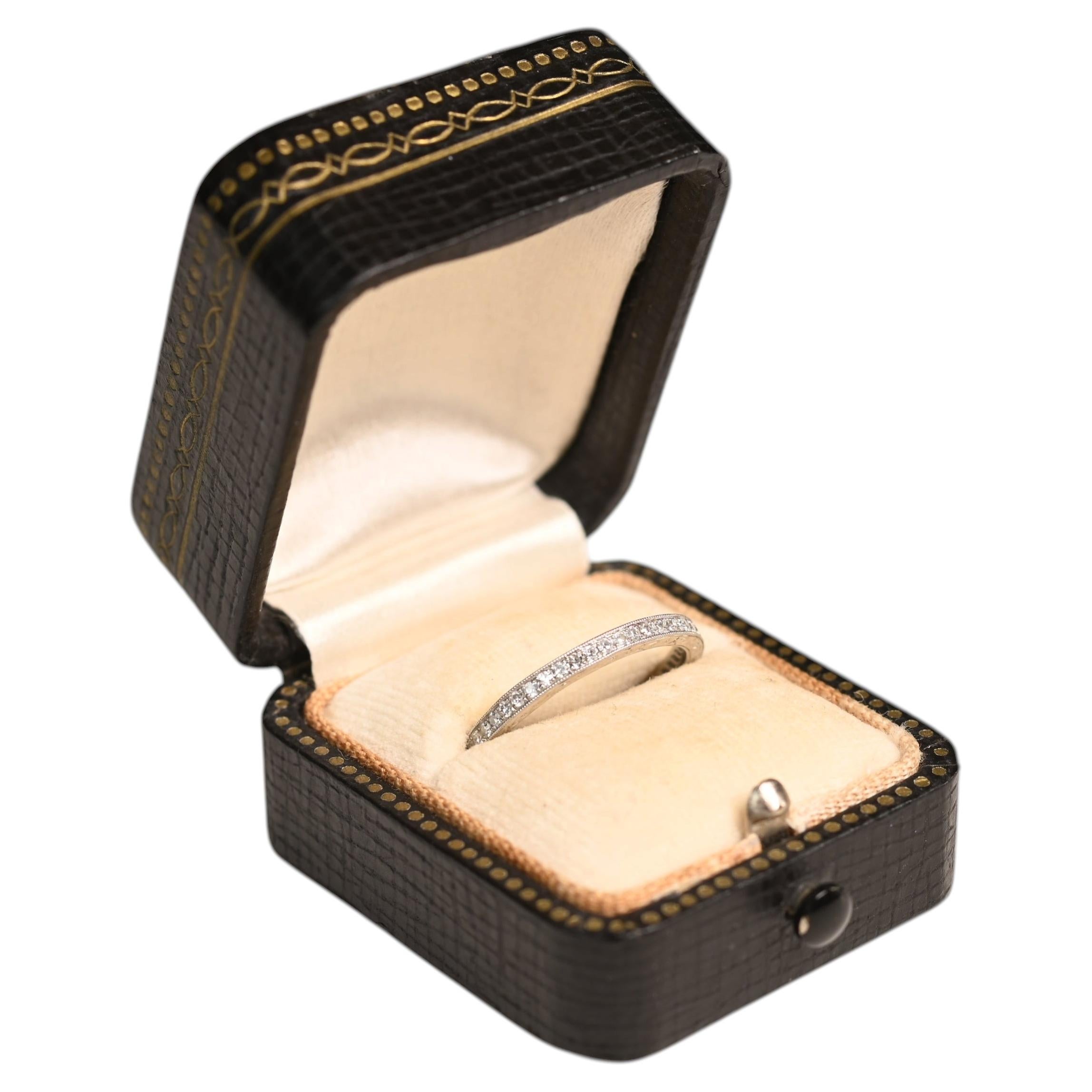 Single Cut Wedding Ring. Pave Set Diamond Eternity Band Platinum Engraved 2mm For Sale