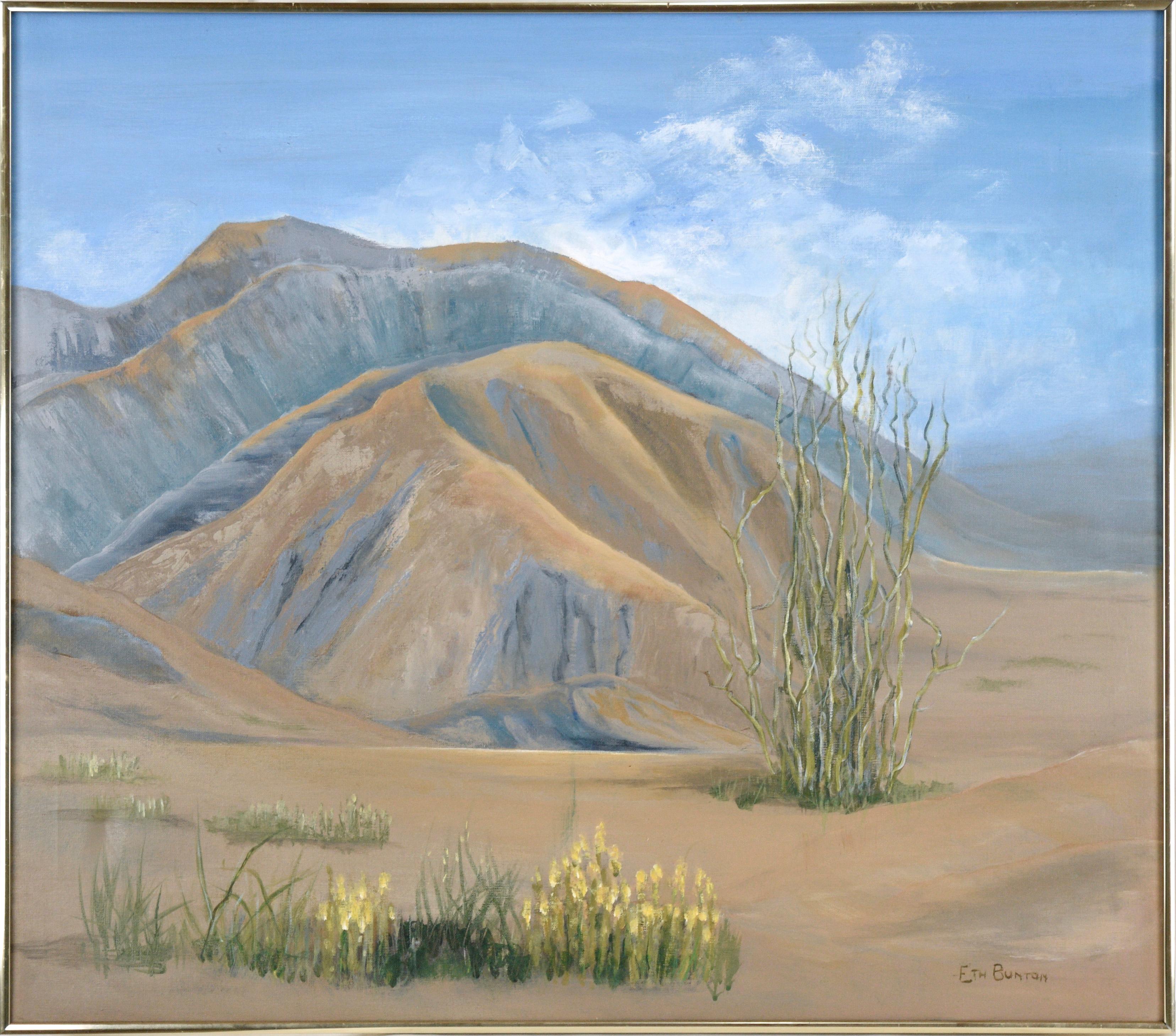Cache-forts du désert sous un ciel bleu - Paysage en acrylique sur toile