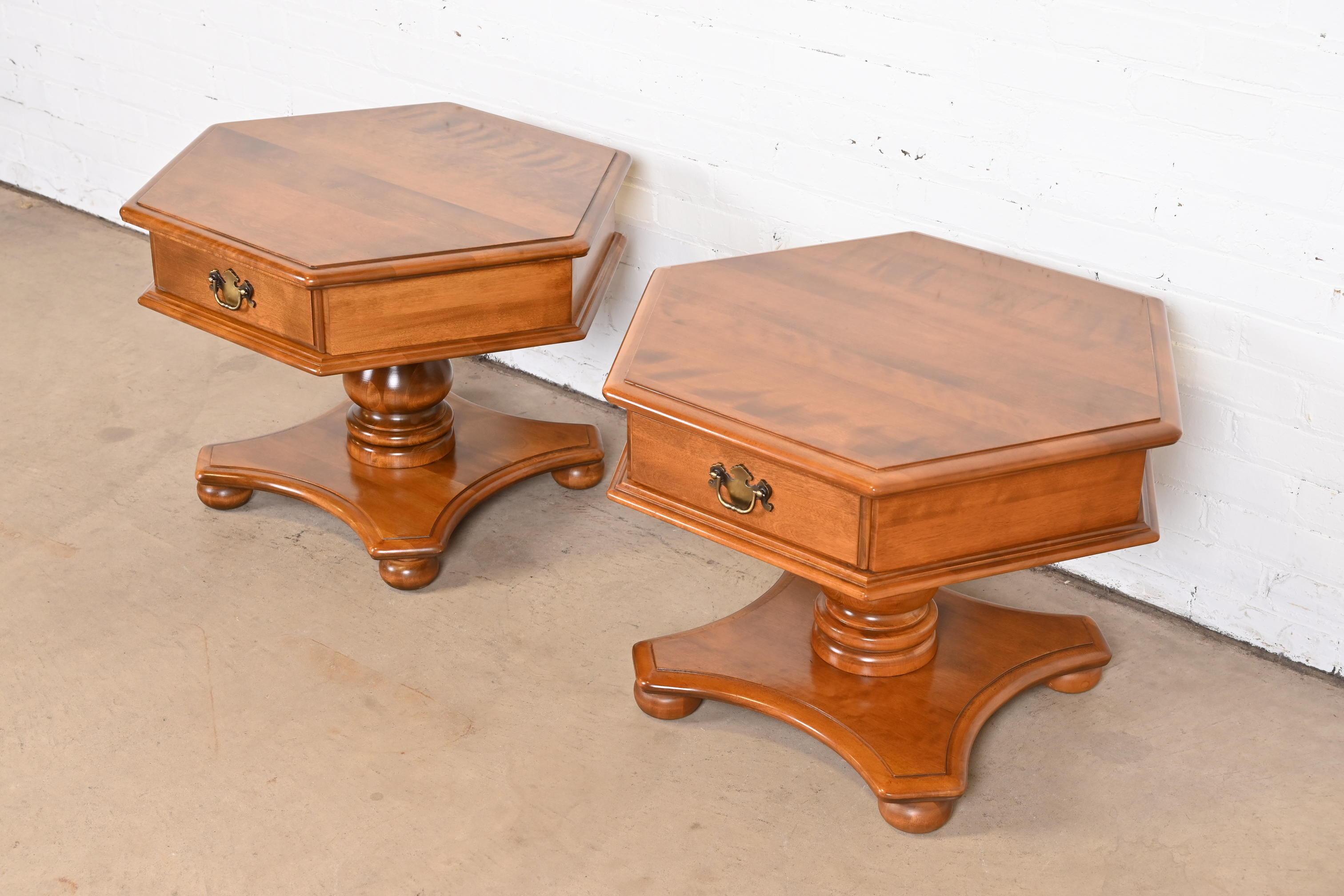 American Colonial Solid Birch Pedestal Side Tables, Pair In Good Condition In South Bend, IN