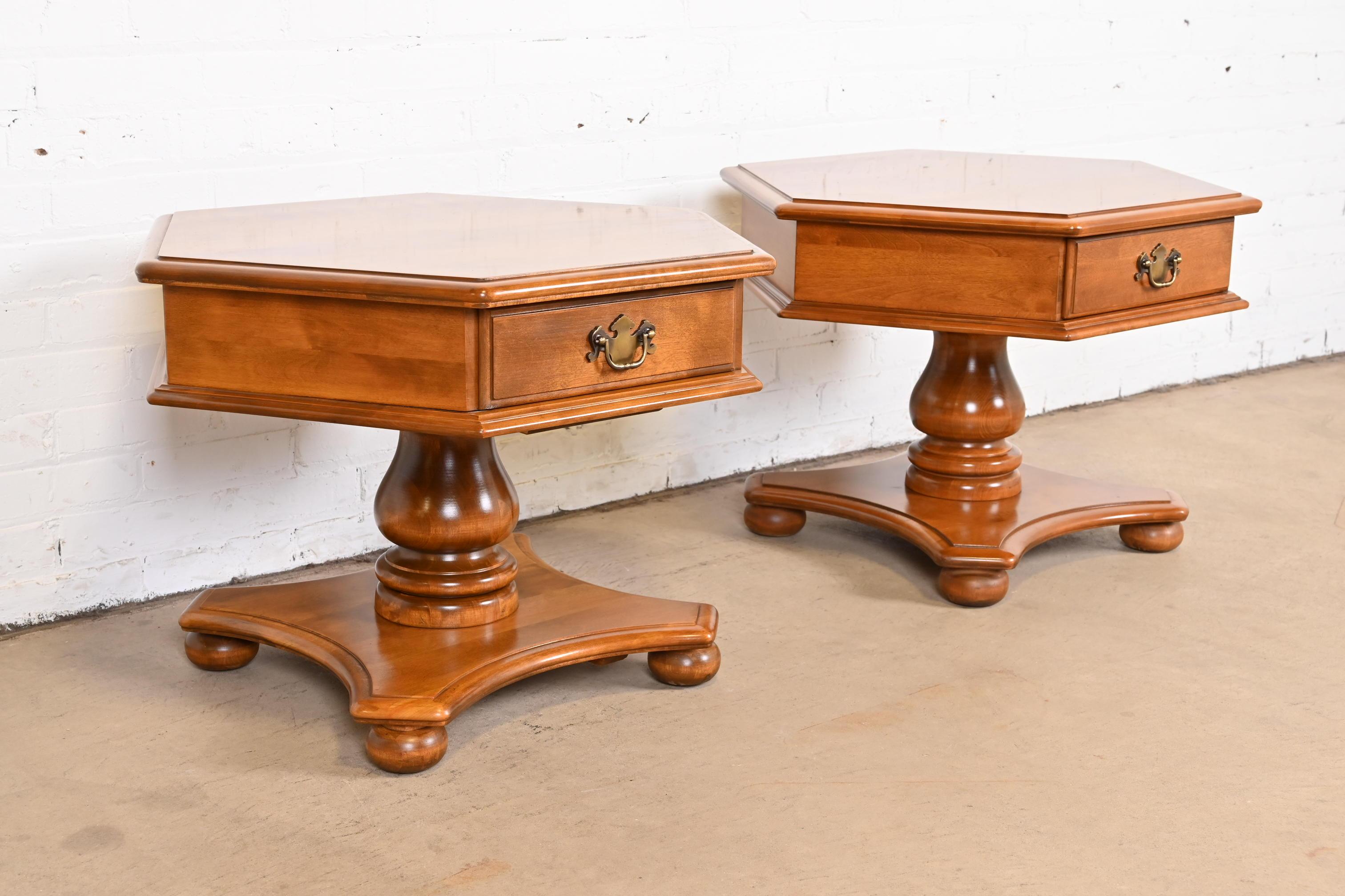 Late 20th Century American Colonial Solid Birch Pedestal Side Tables, Pair