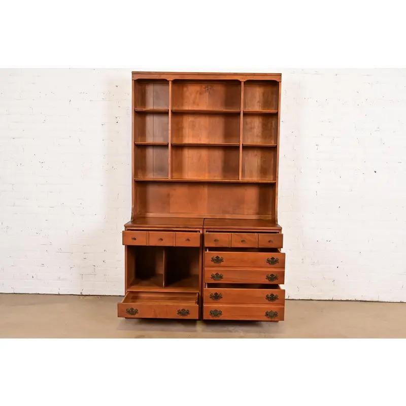 Brass American Colonial Solid Maple Breakfront Bookcase Cabinet, 1960s For Sale