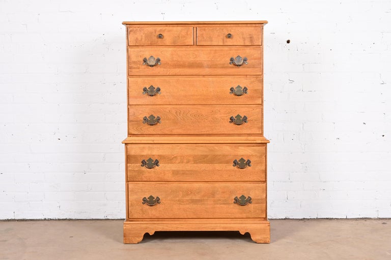 Ethan Allen American Colonial Solid Maple Highboy Dresser, Circa 1970s