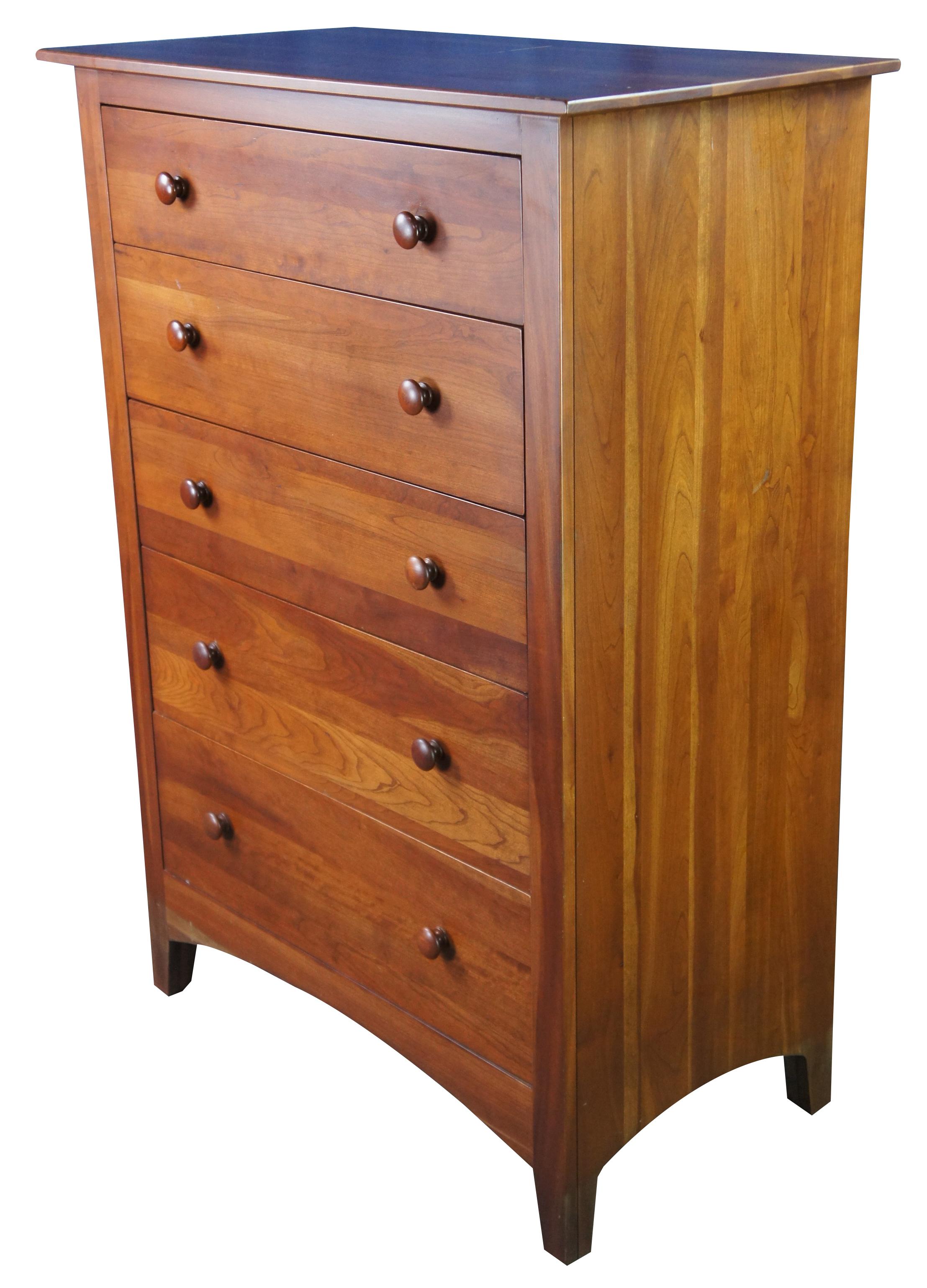 Vintage Ethan Allen American impressions cherry tallboy chest of drawers or dresser featuring five drawers. Made in March of 1993, 24-2425.
     