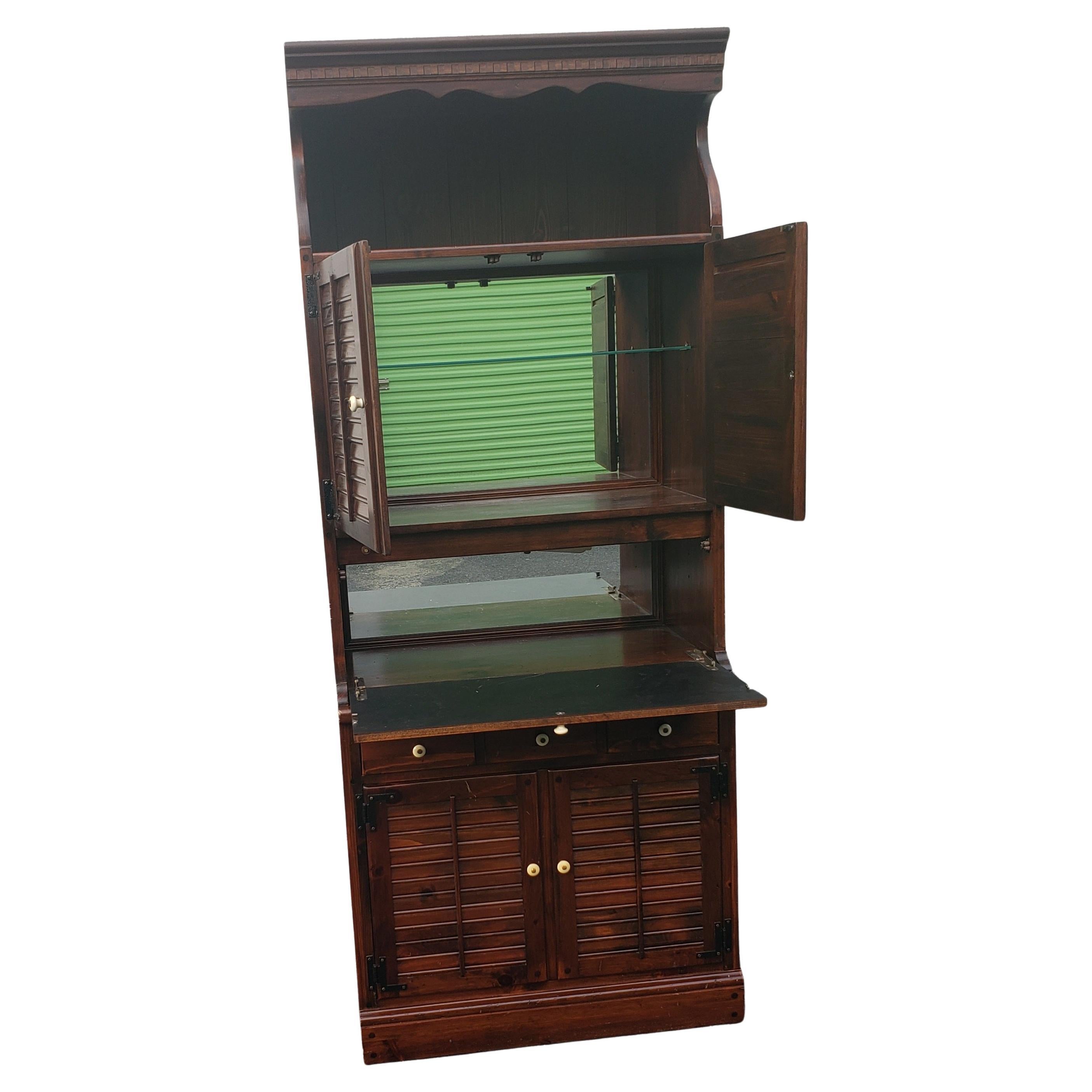 American Colonial Ethan Allen Antiqued Pine Lighted Hutched Cabinet