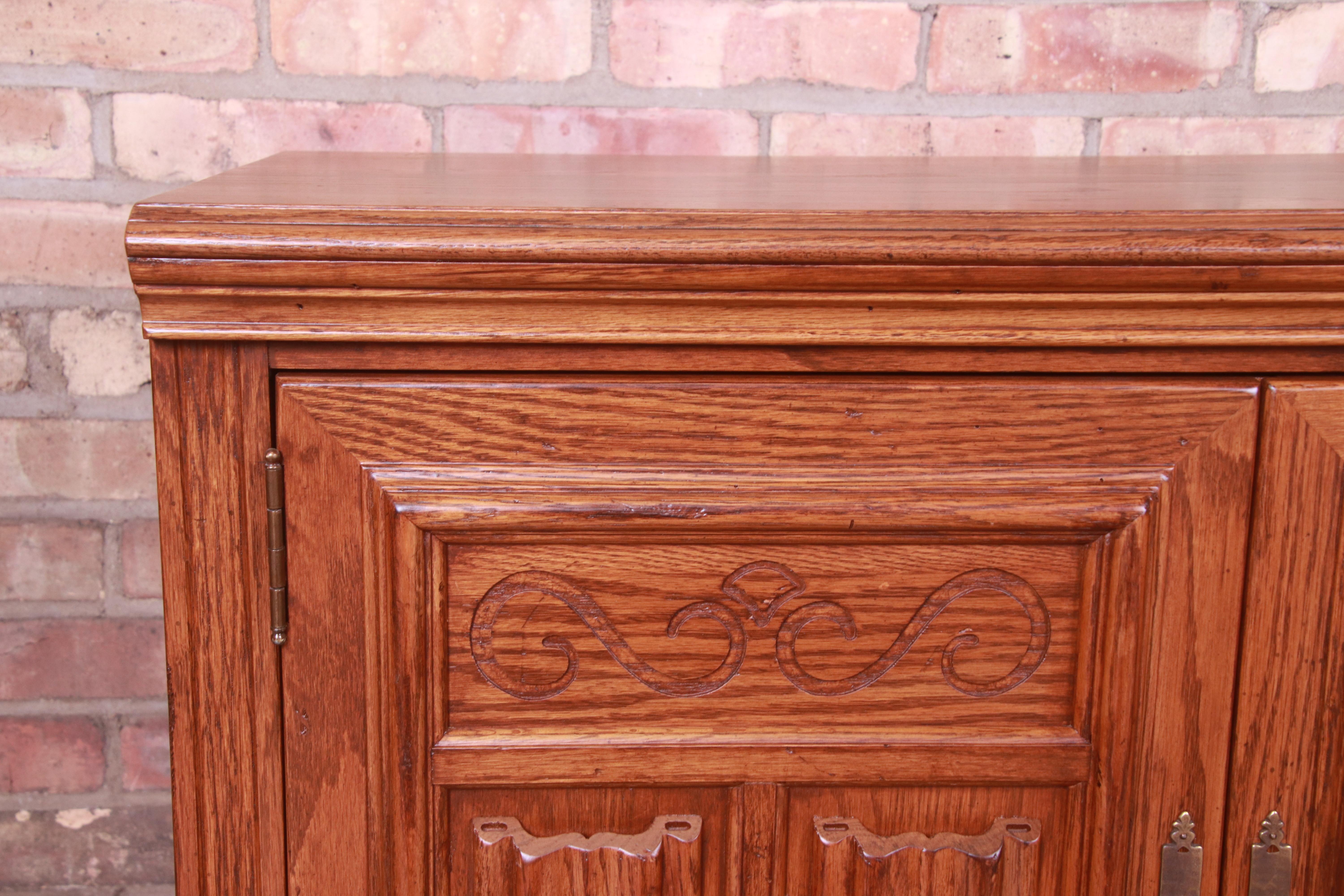 Arts & Crafts Carved Oak Bedside Chests, Newly Refinished For Sale 4