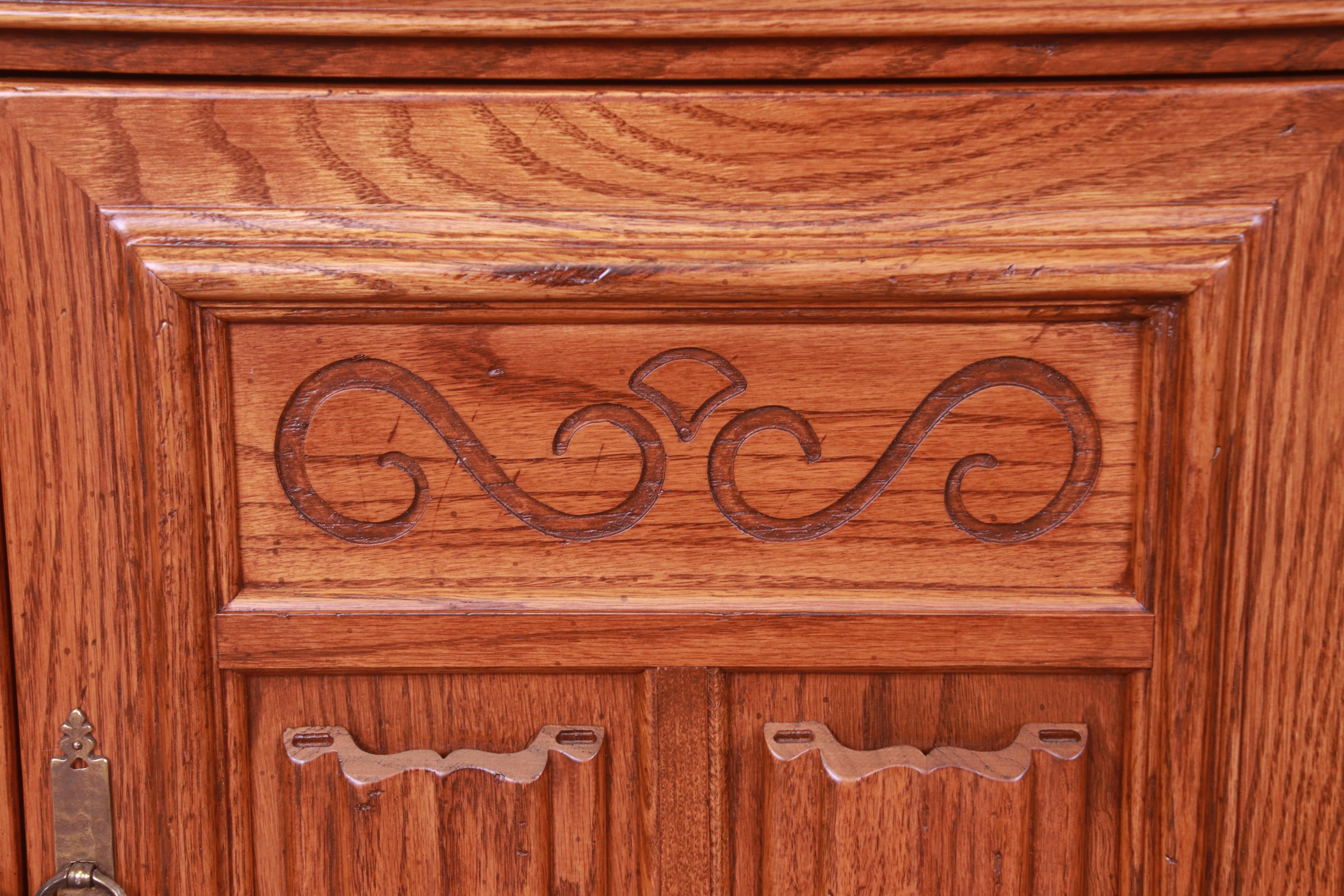 Arts & Crafts Carved Oak Bedside Chests, Newly Refinished For Sale 6