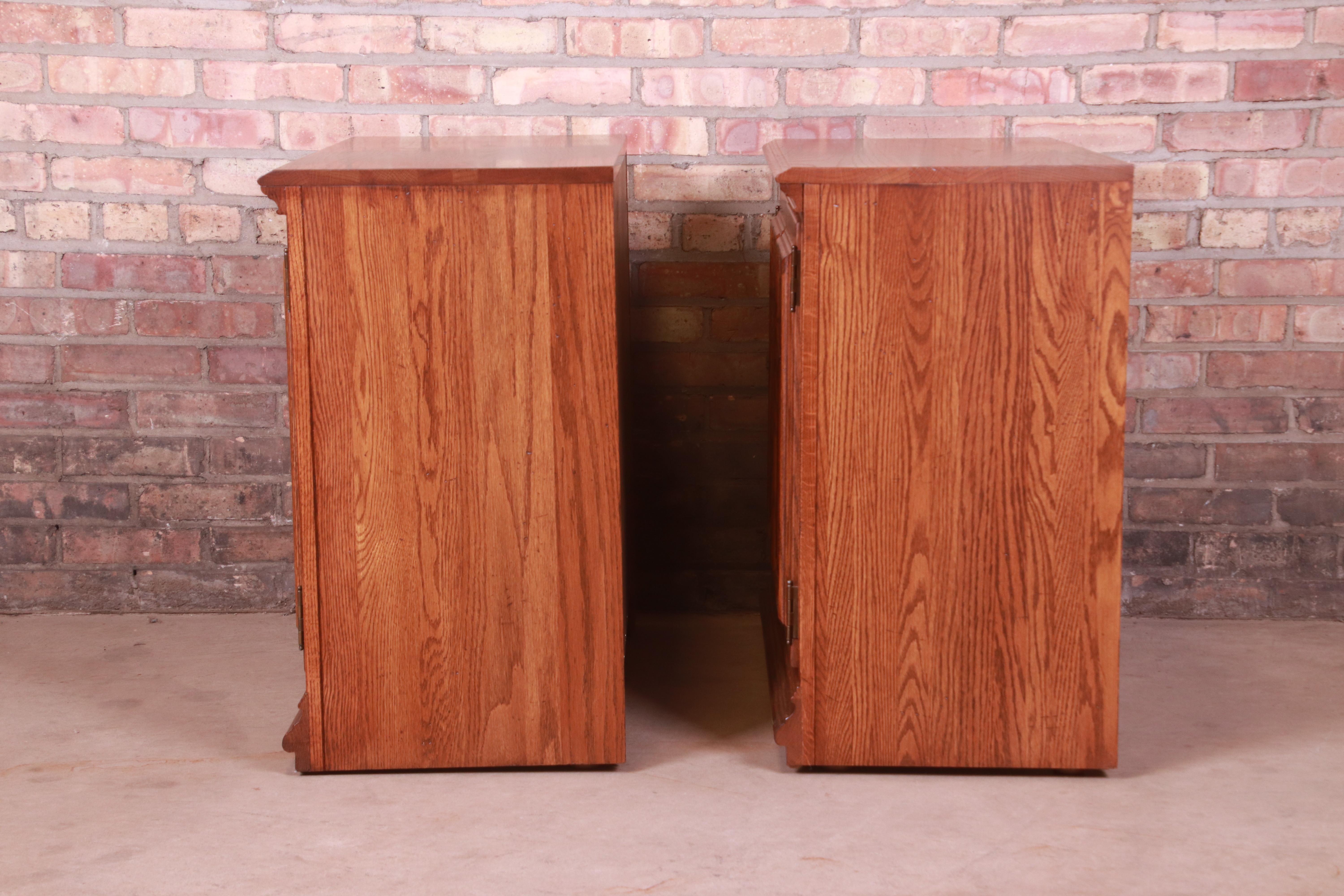 Arts & Crafts Carved Oak Bedside Chests, Newly Refinished For Sale 7