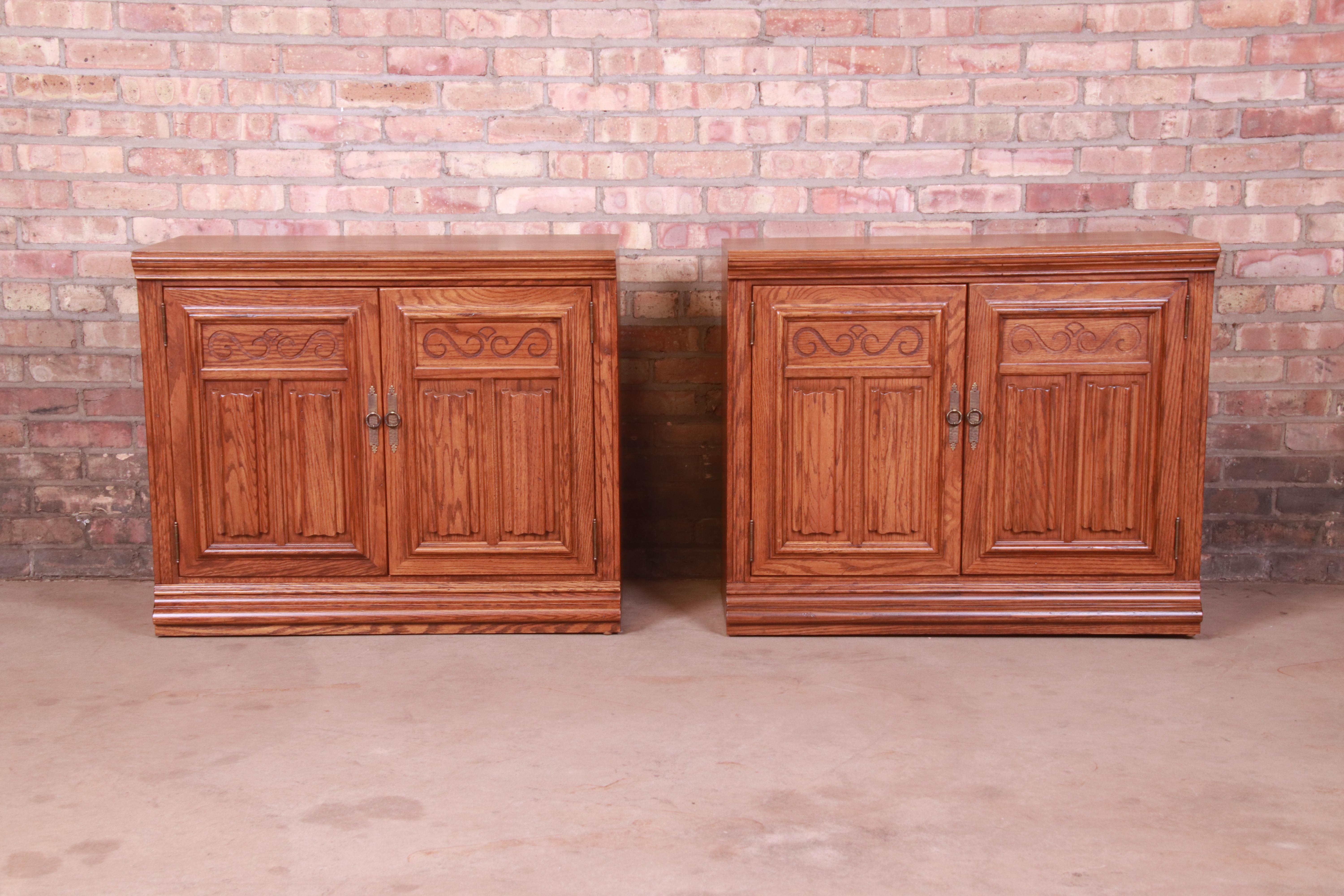 Arts and Crafts Arts & Crafts Carved Oak Bedside Chests, Newly Refinished For Sale