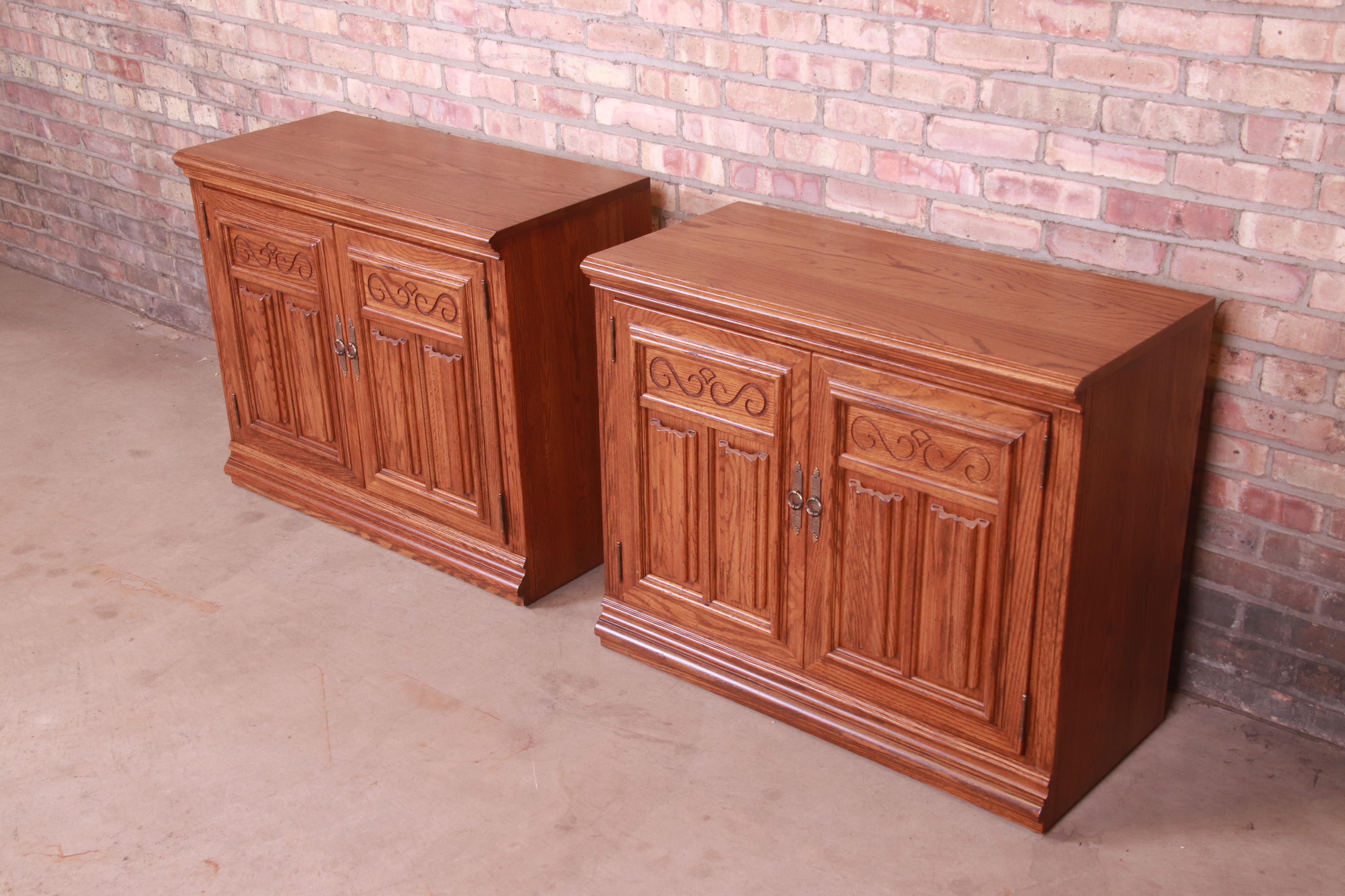 American Arts & Crafts Carved Oak Bedside Chests, Newly Refinished For Sale