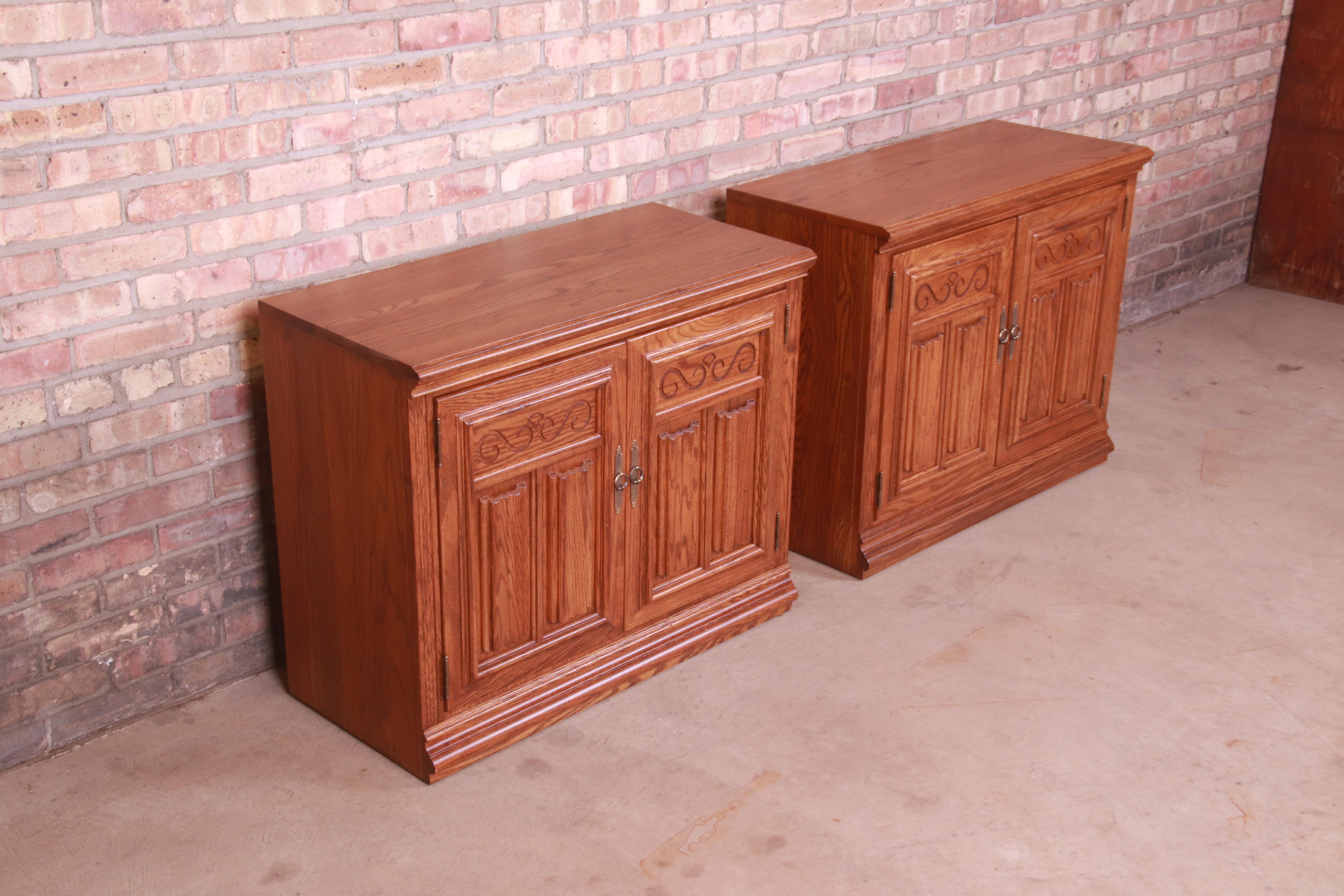 20th Century Arts & Crafts Carved Oak Bedside Chests, Newly Refinished For Sale