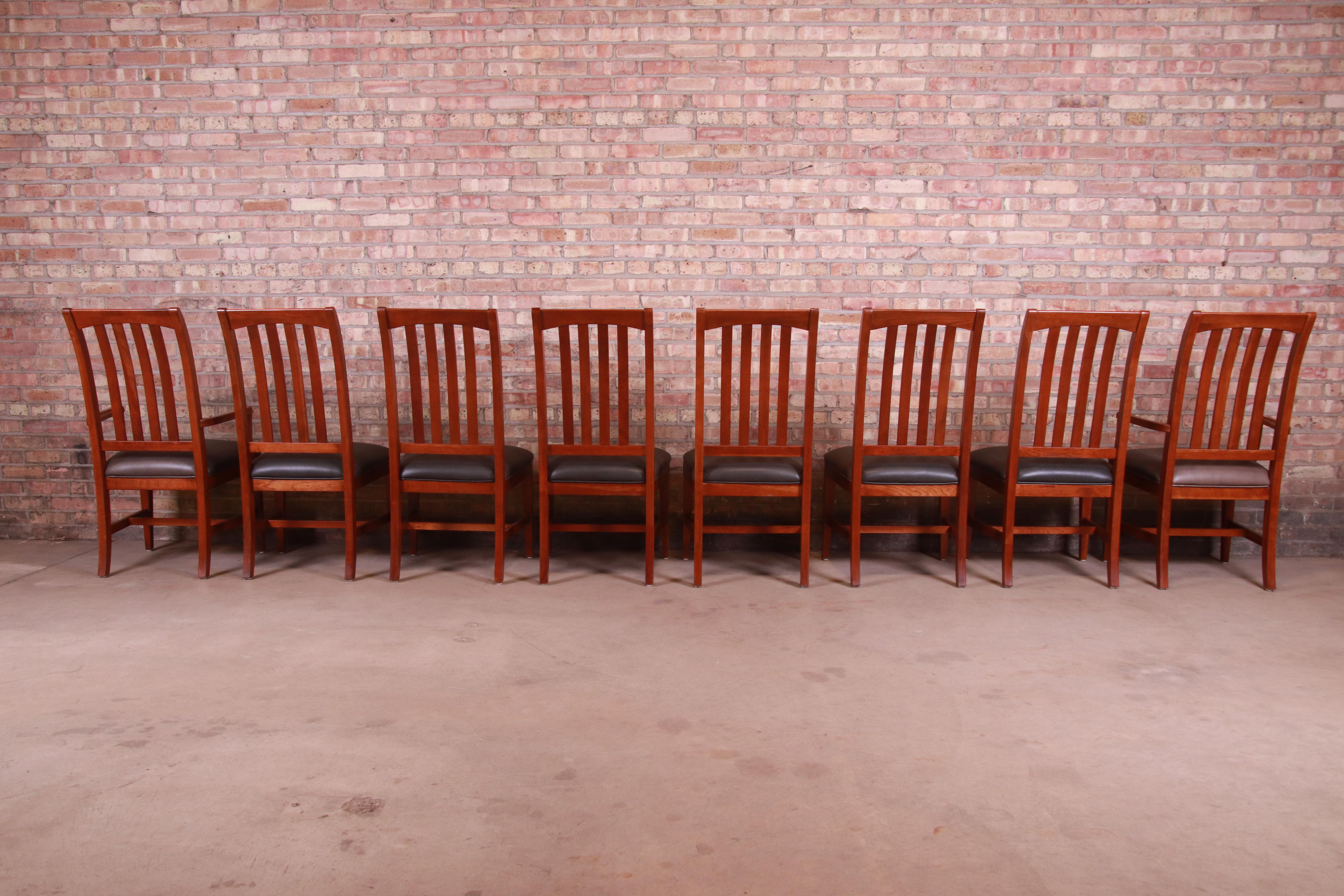 Leather Ethan Allen Arts & Crafts Solid Cherry Wood Dining Chairs, Set of Eight