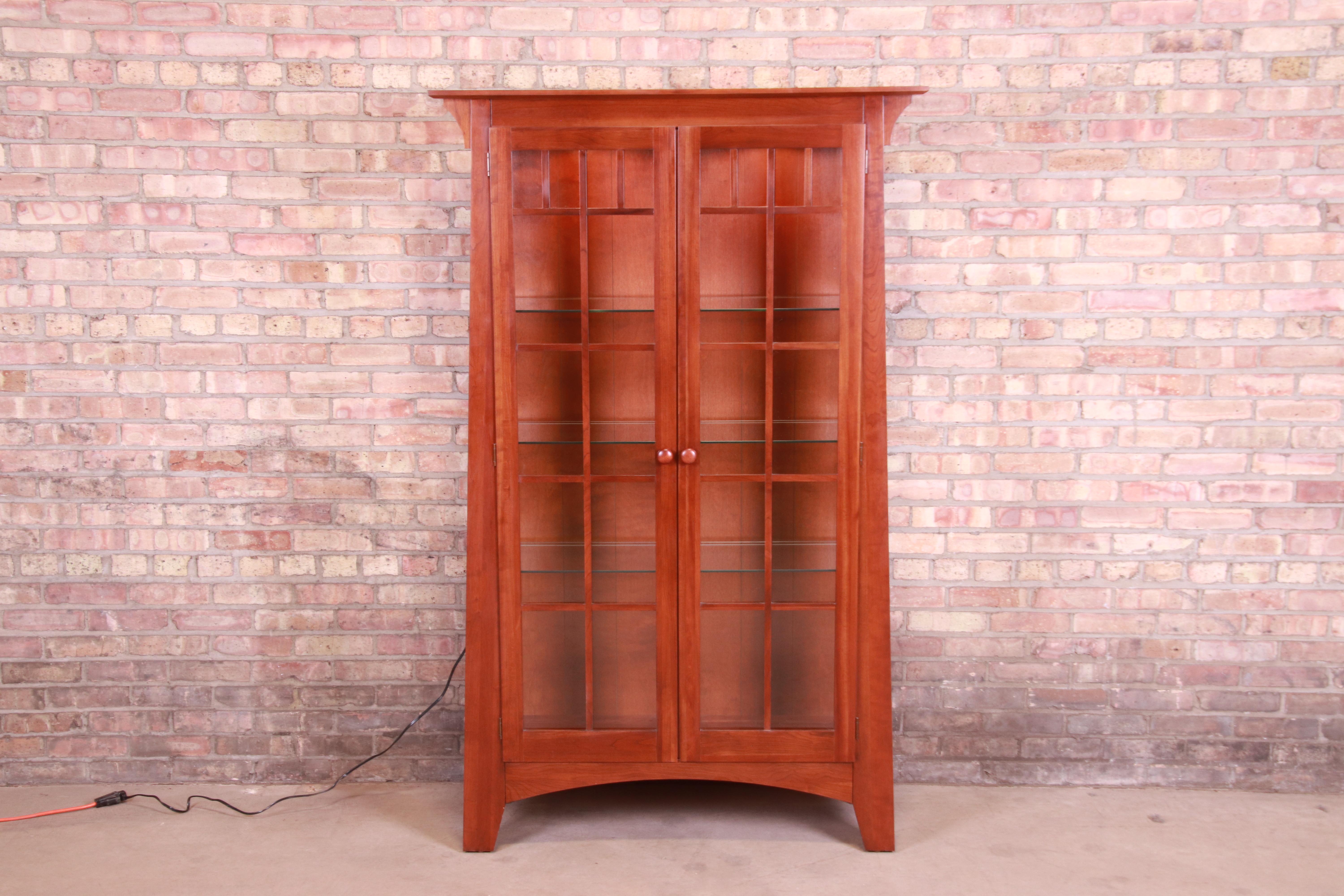 Ethan Allen Arts & Crafts Solid Cherry Wood Lighted Bookcase or Display Cabinet 1
