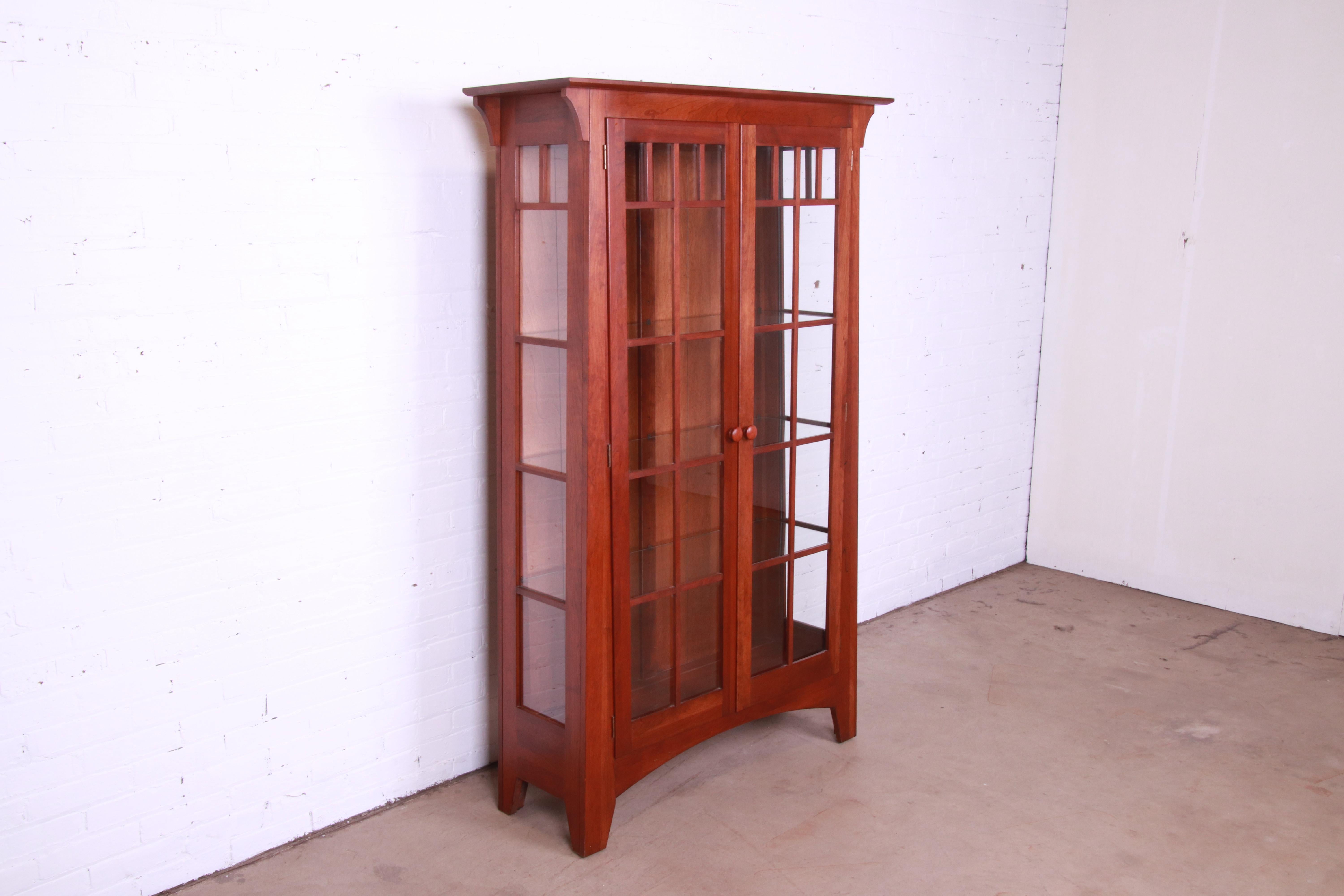 American Ethan Allen Arts & Crafts Solid Cherry Wood Lighted Bookcase or Display Cabinet