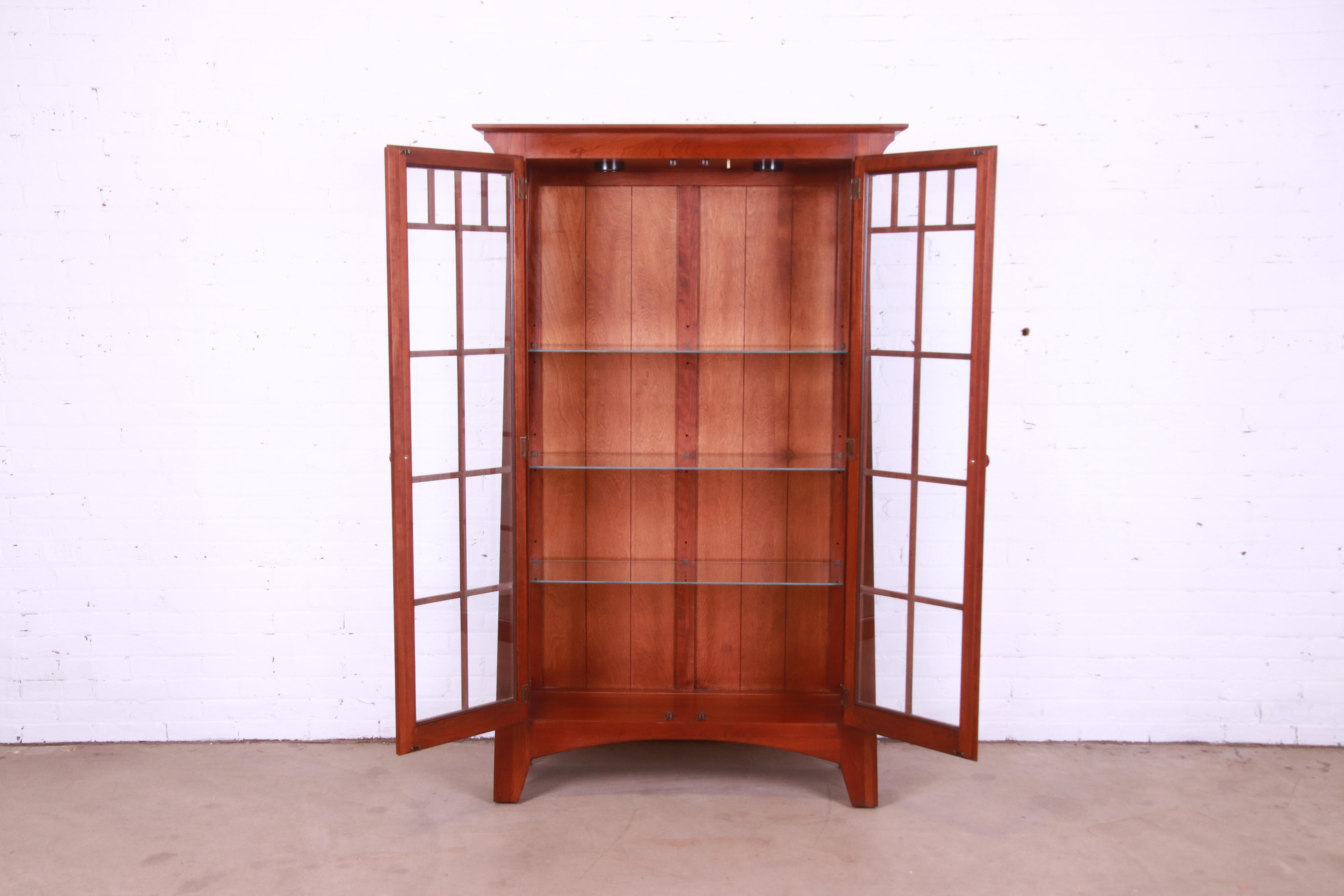 20th Century Ethan Allen Arts & Crafts Solid Cherry Wood Lighted Bookcase or Display Cabinet