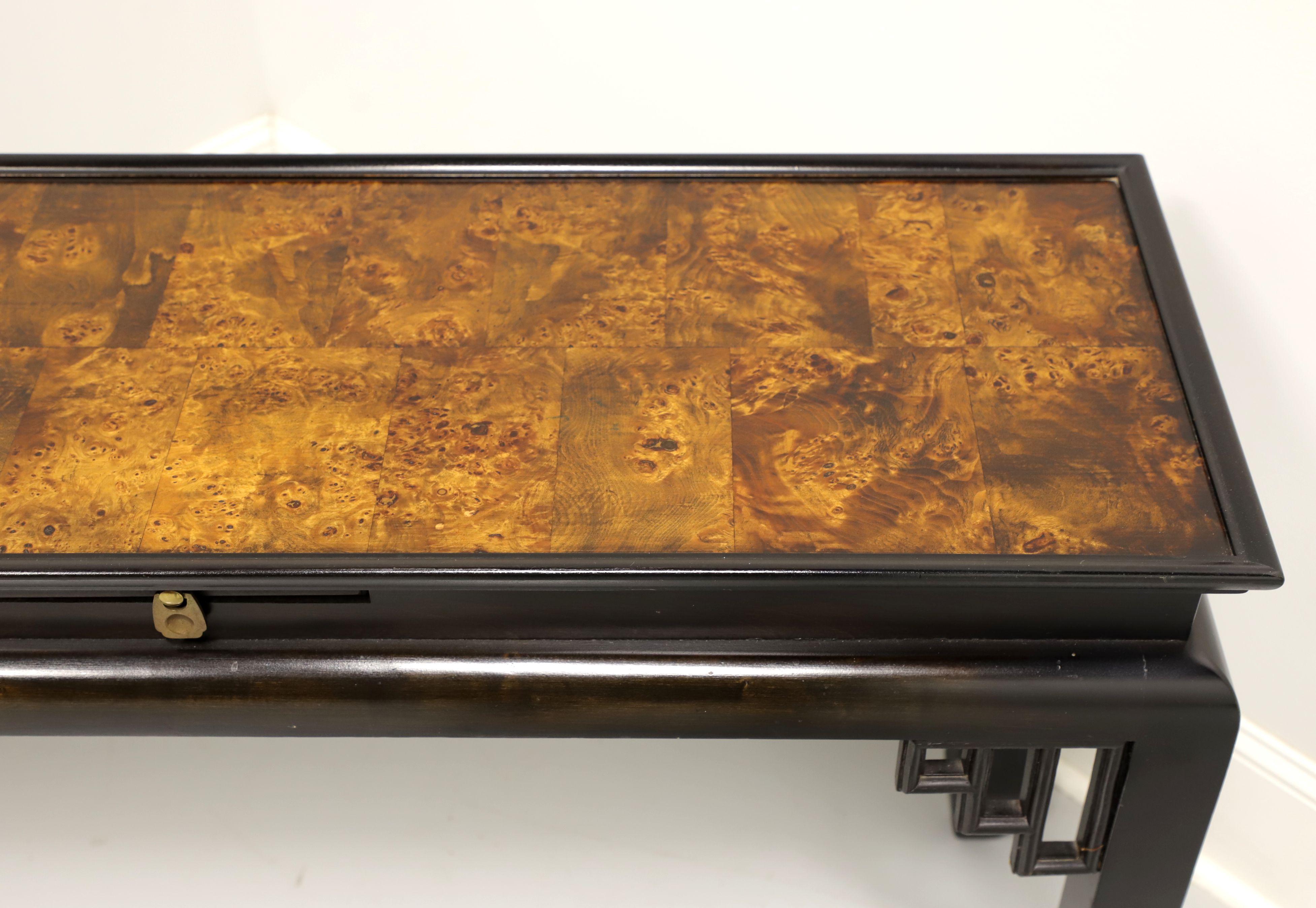 ETHAN ALLEN Asian Chinoiserie Black Lacquer & Burl Elm Console Sofa Table In Good Condition In Charlotte, NC