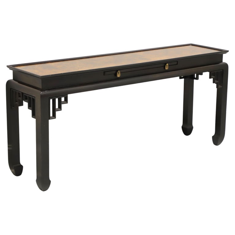 ETHAN ALLEN Asian Chinoiserie Black Lacquer and Burl Elm Console Sofa