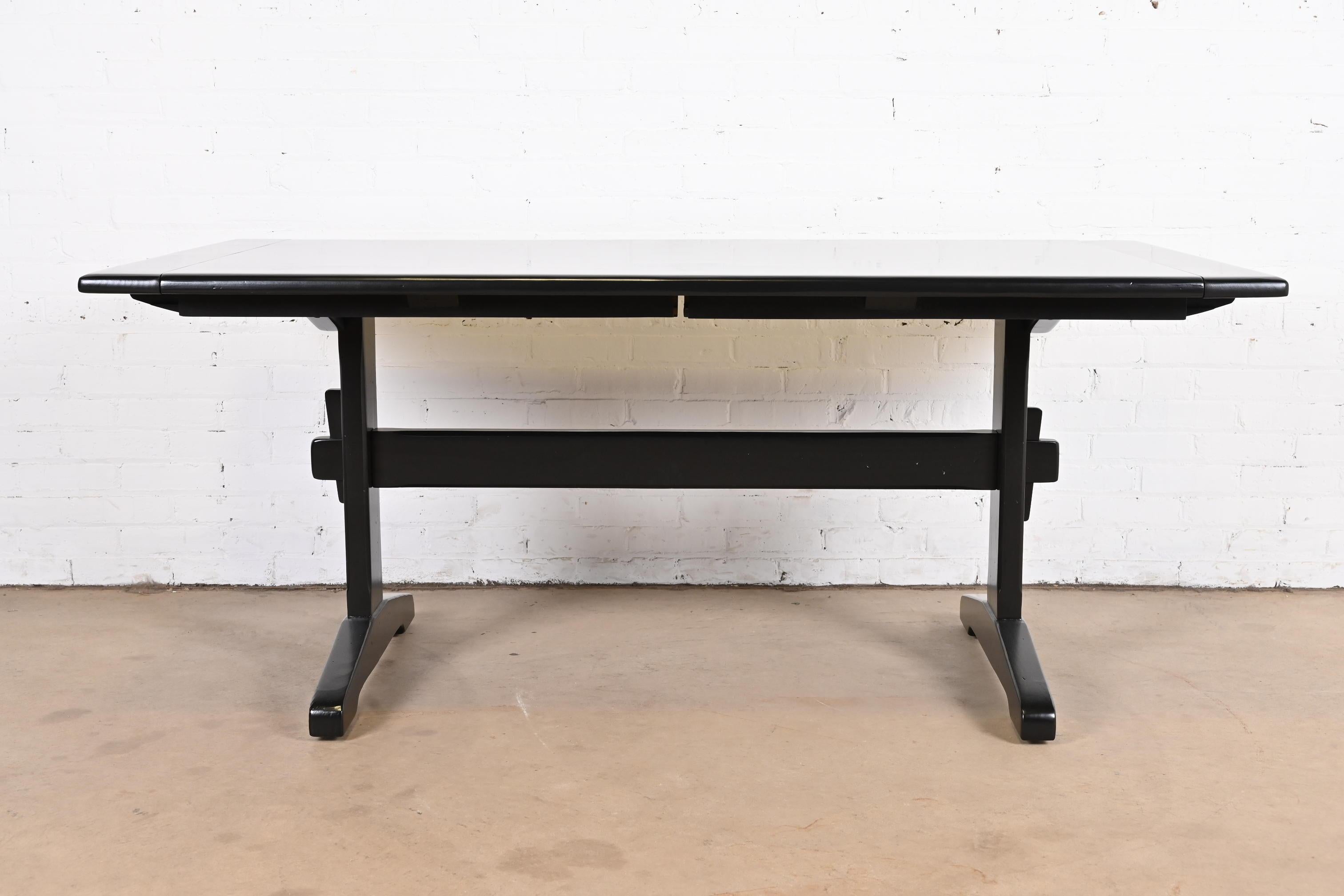 Black Lacquered Pine Trestle Base Farmhouse Dining Table, Refinished For Sale 4