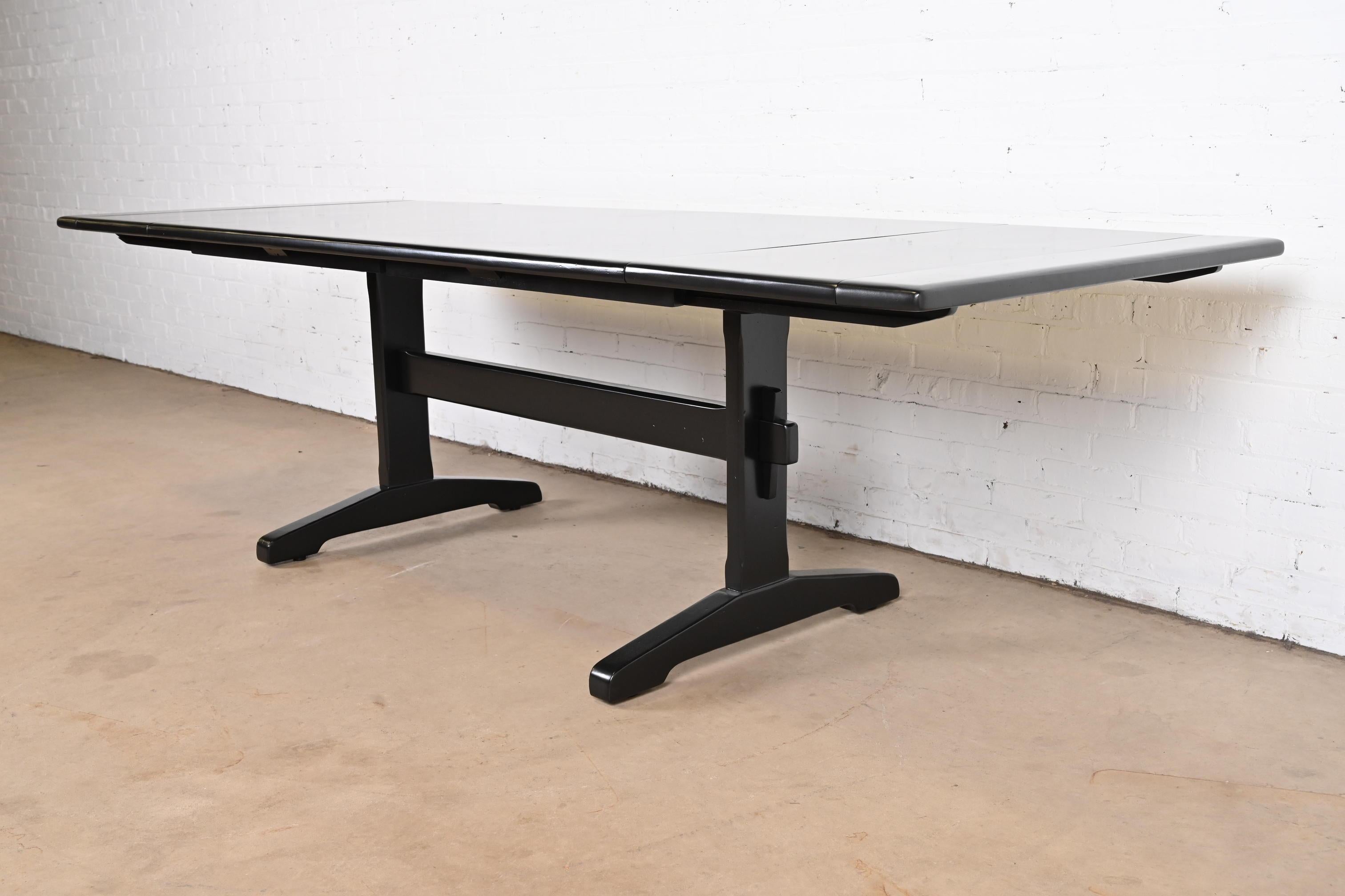 20th Century Black Lacquered Pine Trestle Base Farmhouse Dining Table, Refinished For Sale