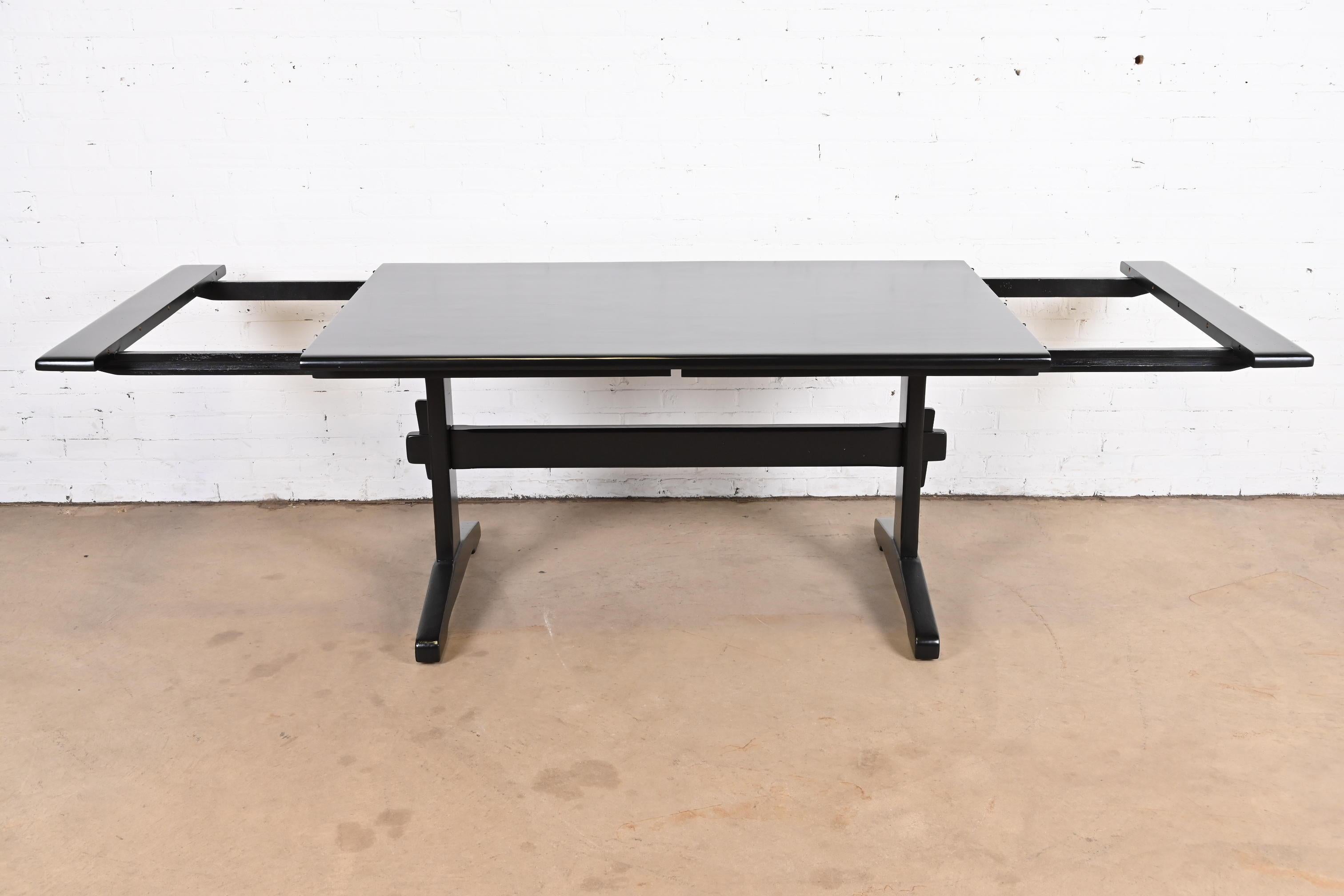 Black Lacquered Pine Trestle Base Farmhouse Dining Table, Refinished For Sale 2