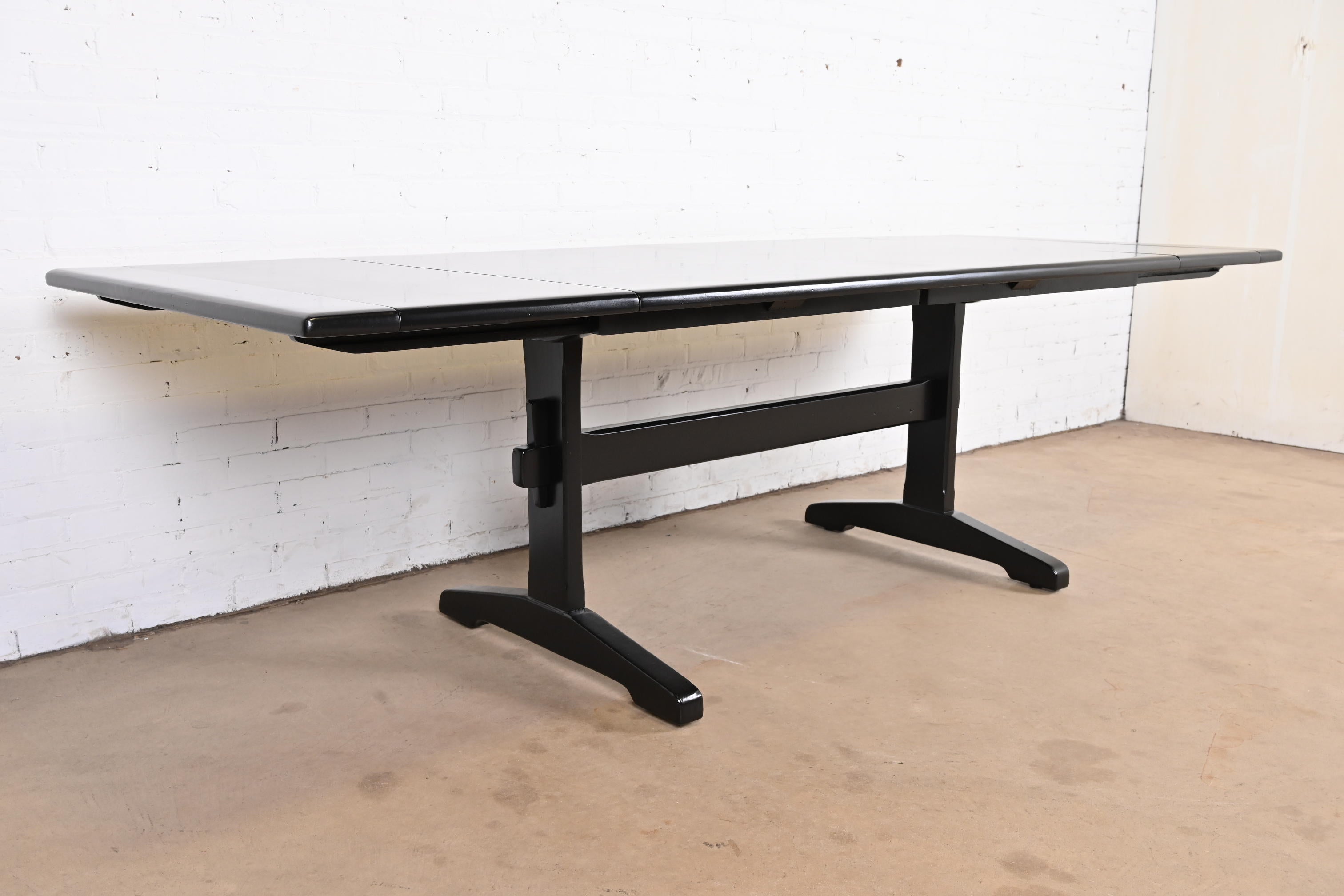 Ethan Allen Black Lacquered Pine Trestle Base Farmhouse Dining Table