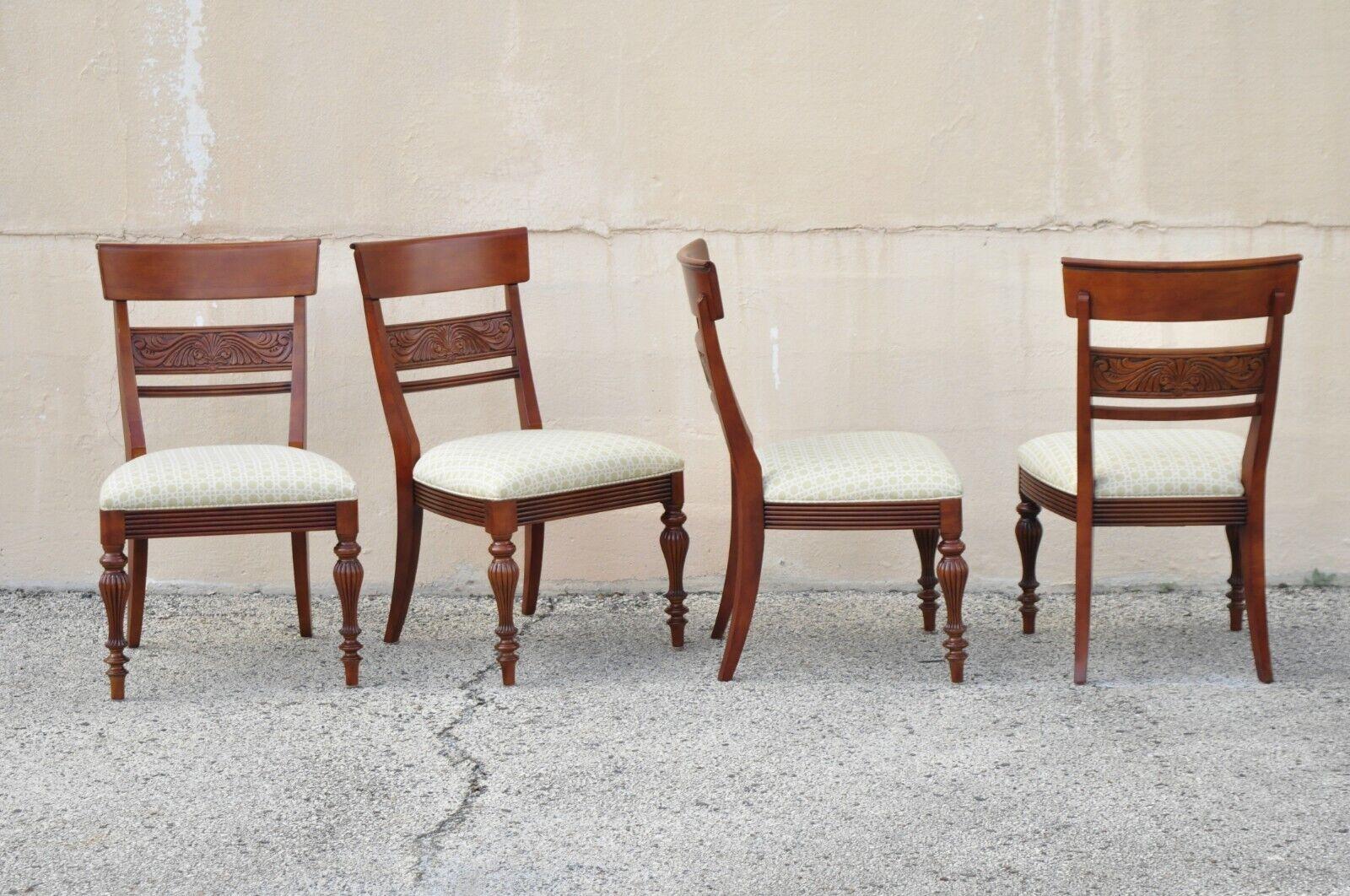 Ethan Allen British Classics Mackenzie dining chairs 29-6500 - Set of 4. Item features green upholstered seats, solid wood frame, beautiful woodgrain, nicely carved details, original label, tapered legs. Circa 2008. Measurements: 37