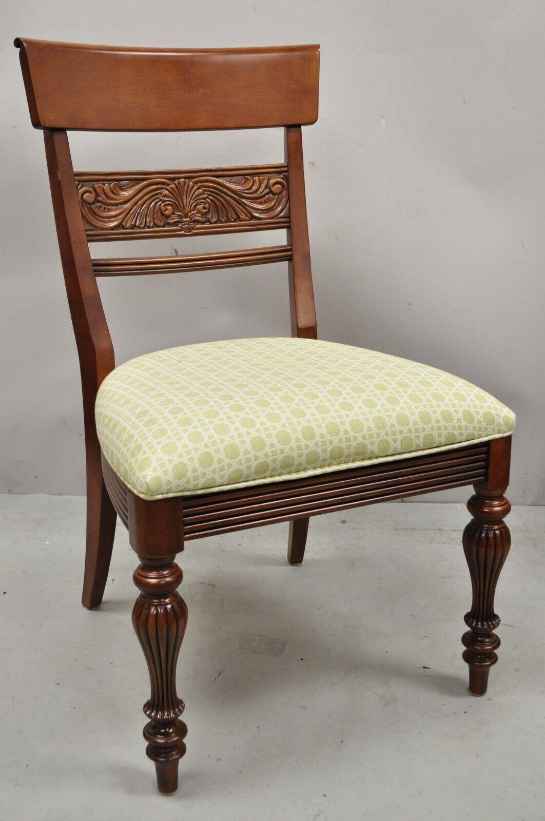Ethan Allen British Classics Mackenzie Dining Side Chair 29-6500 - Single. Item features a green upholstered seat, solid wood frame, beautiful wood grain, nicely carved details, original label, tapered legs. Circa 2008. Measurements: 37