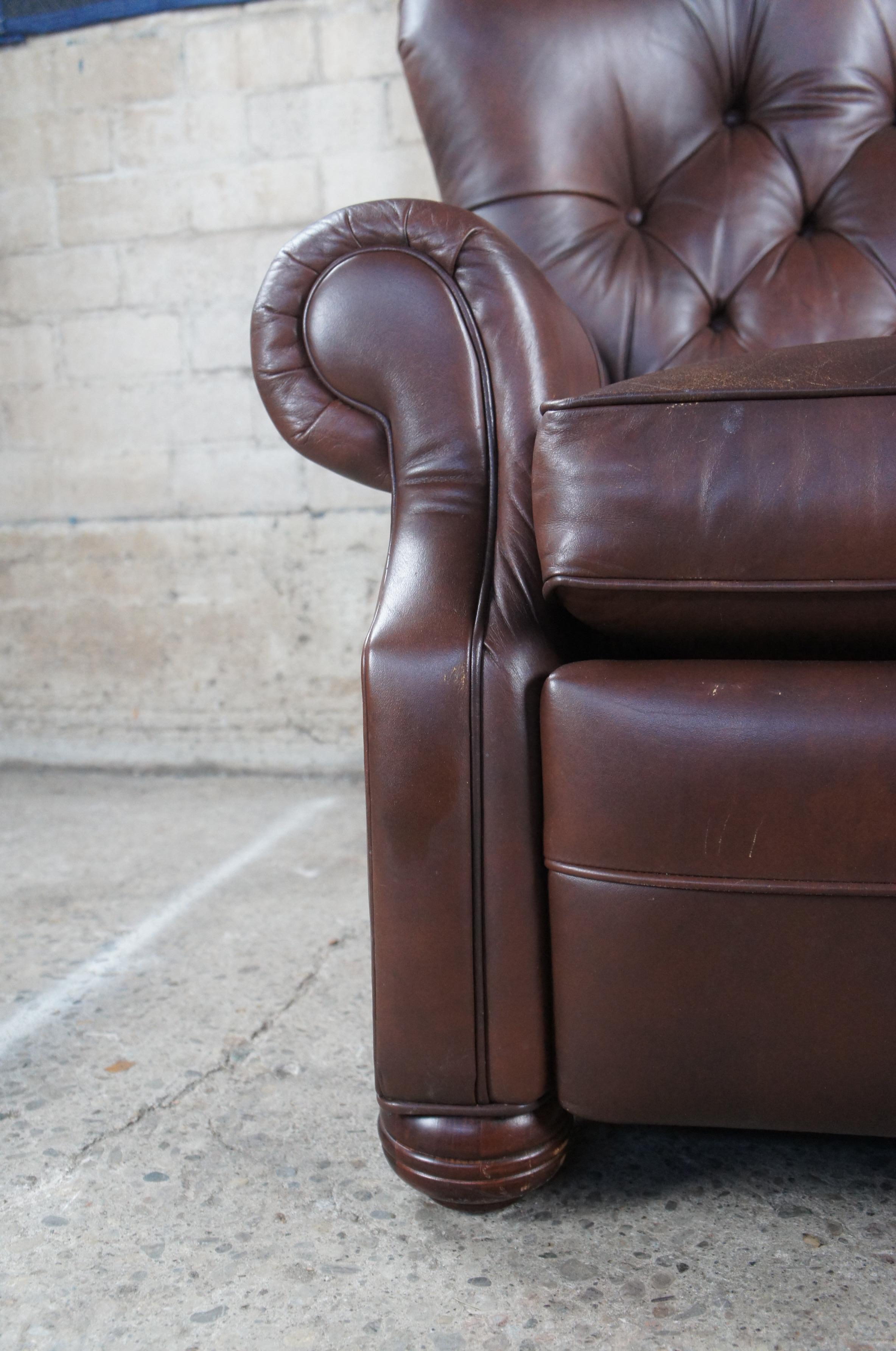 Ethan Allen Brown Tufted Leather Rolled Arm Wingback Recliner Arm Chair  4