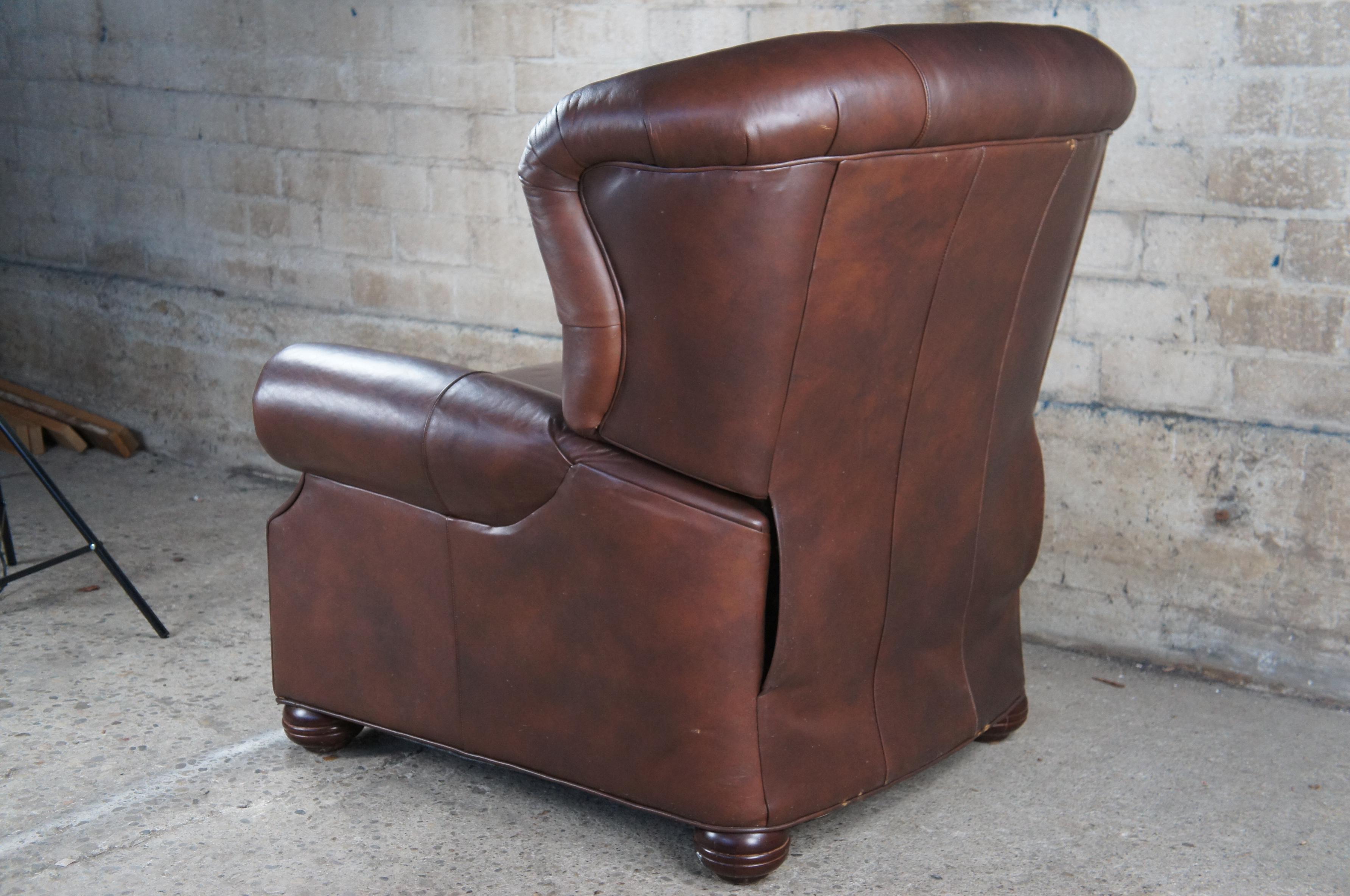 Ethan Allen Brown Tufted Leather Rolled Arm Wingback Recliner Arm Chair  In Good Condition In Dayton, OH