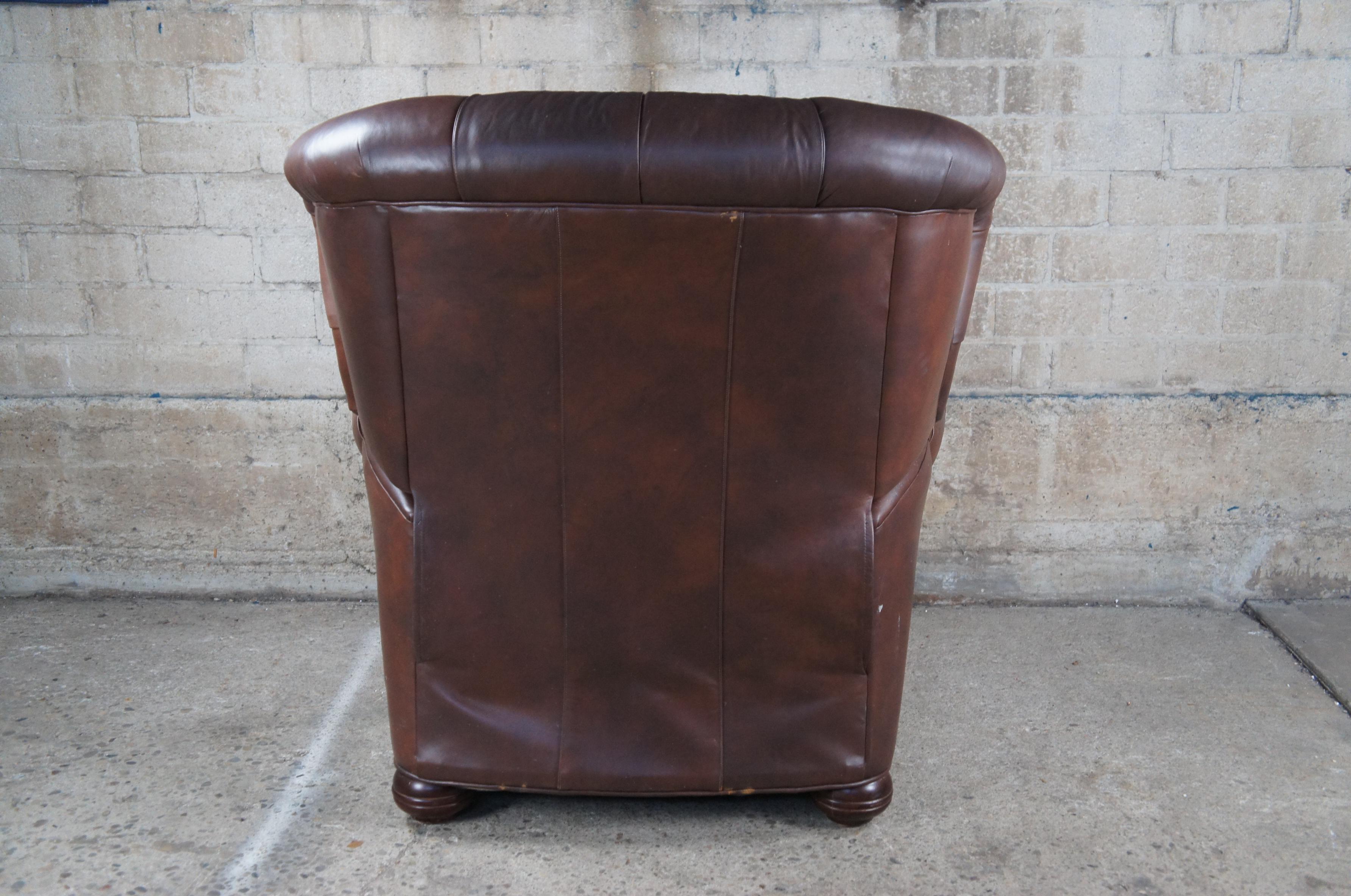 20th Century Ethan Allen Brown Tufted Leather Rolled Arm Wingback Recliner Arm Chair 