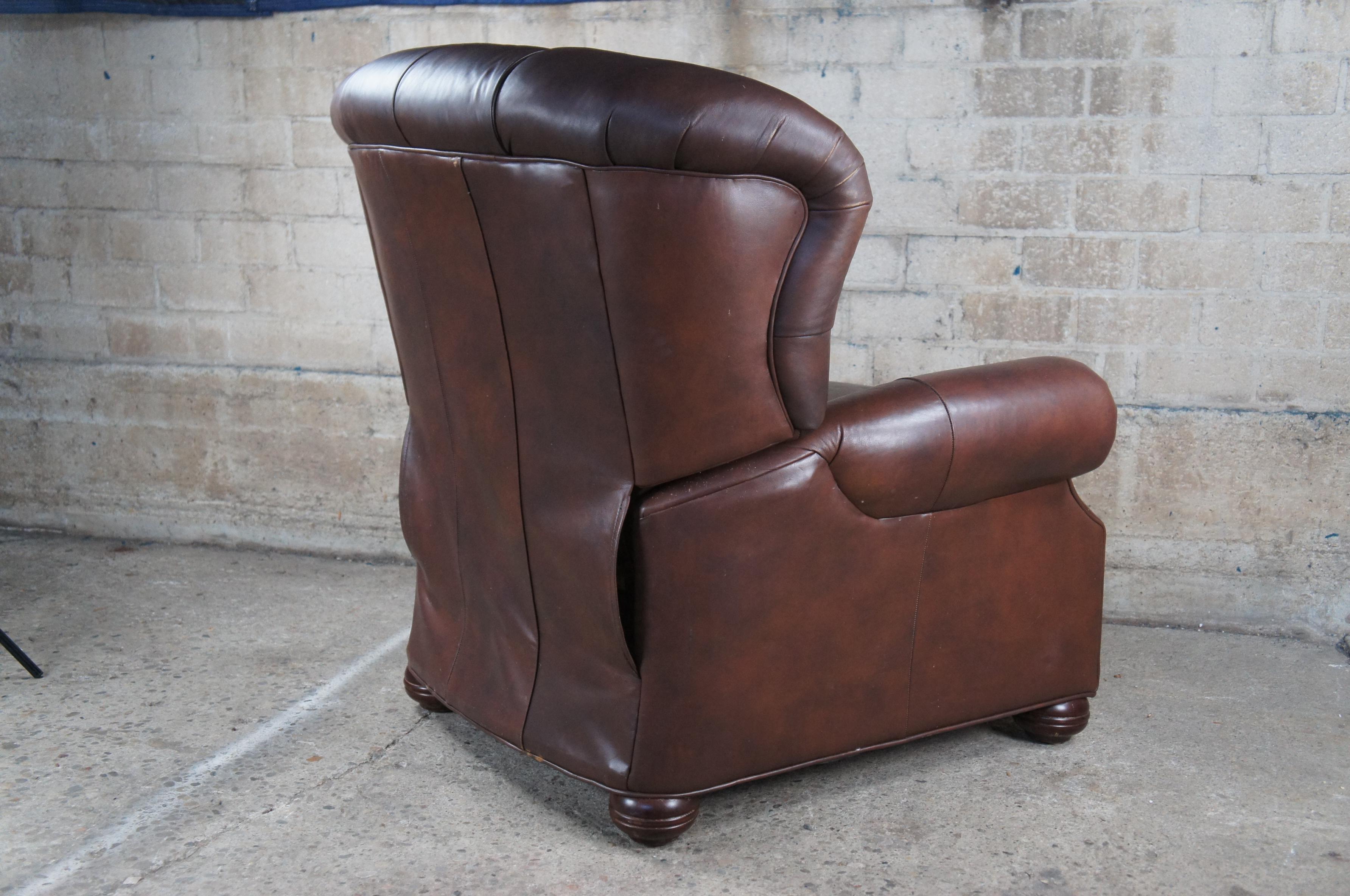 Ethan Allen Brown Tufted Leather Rolled Arm Wingback Recliner Arm Chair  1