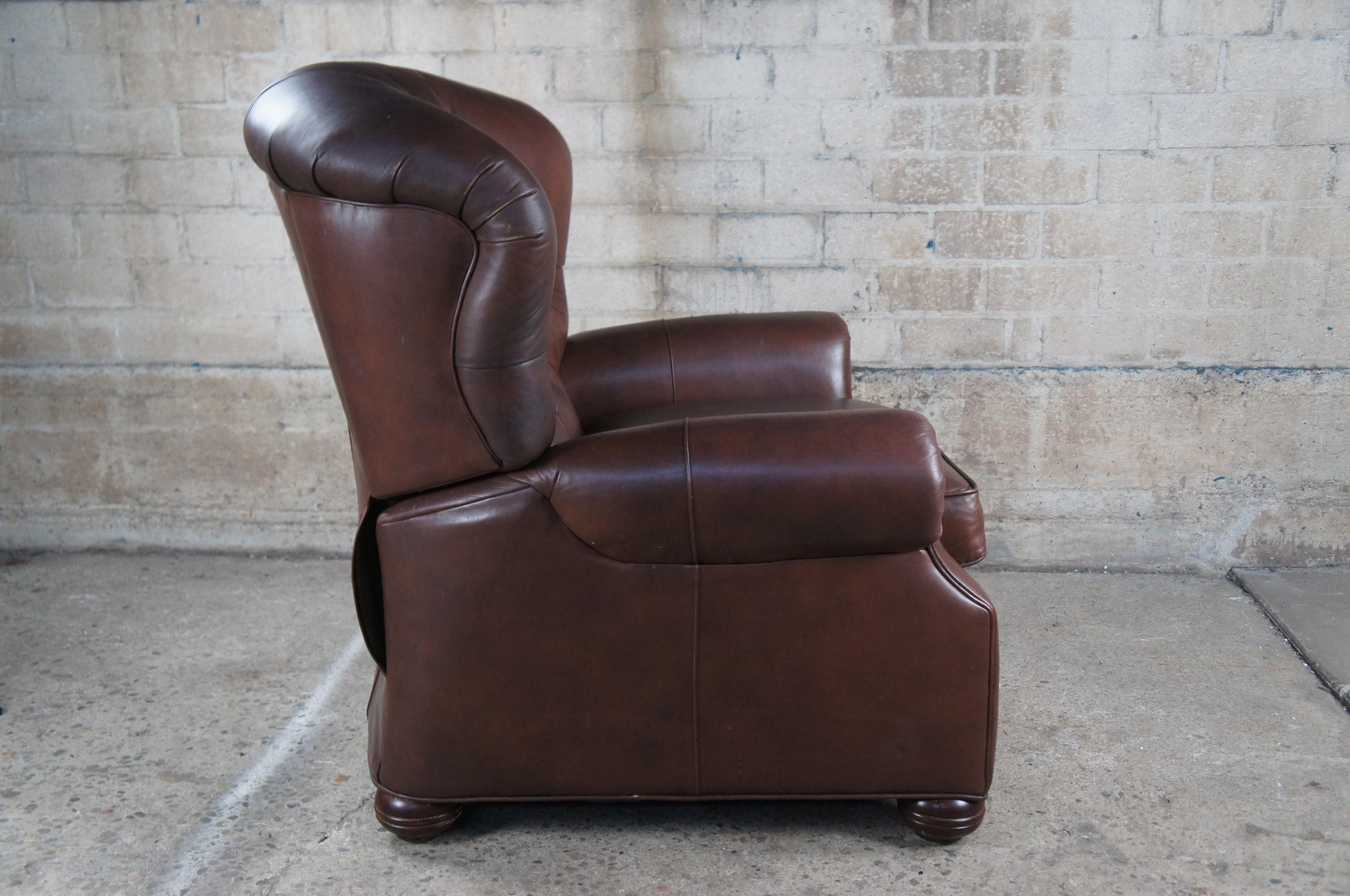 Ethan Allen Brown Tufted Leather Rolled Arm Wingback Recliner Arm Chair  2