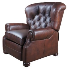 Ethan Allen Brown Tufted Leather Rolled Arm Wingback Recliner Arm Chair 