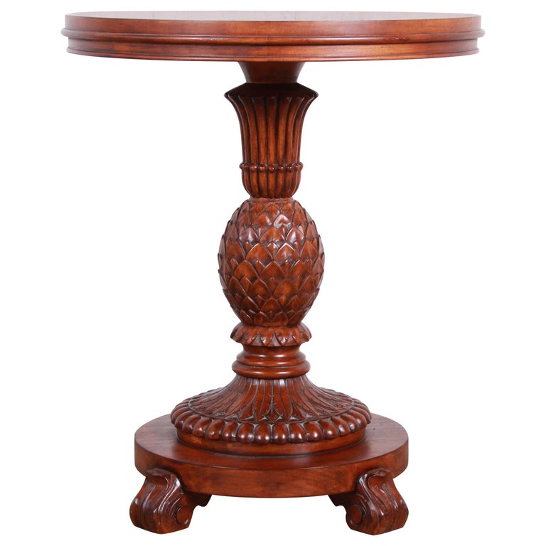 Ethan Allen Carved Mahogany Pedestal Occasional Table at 1stDibs