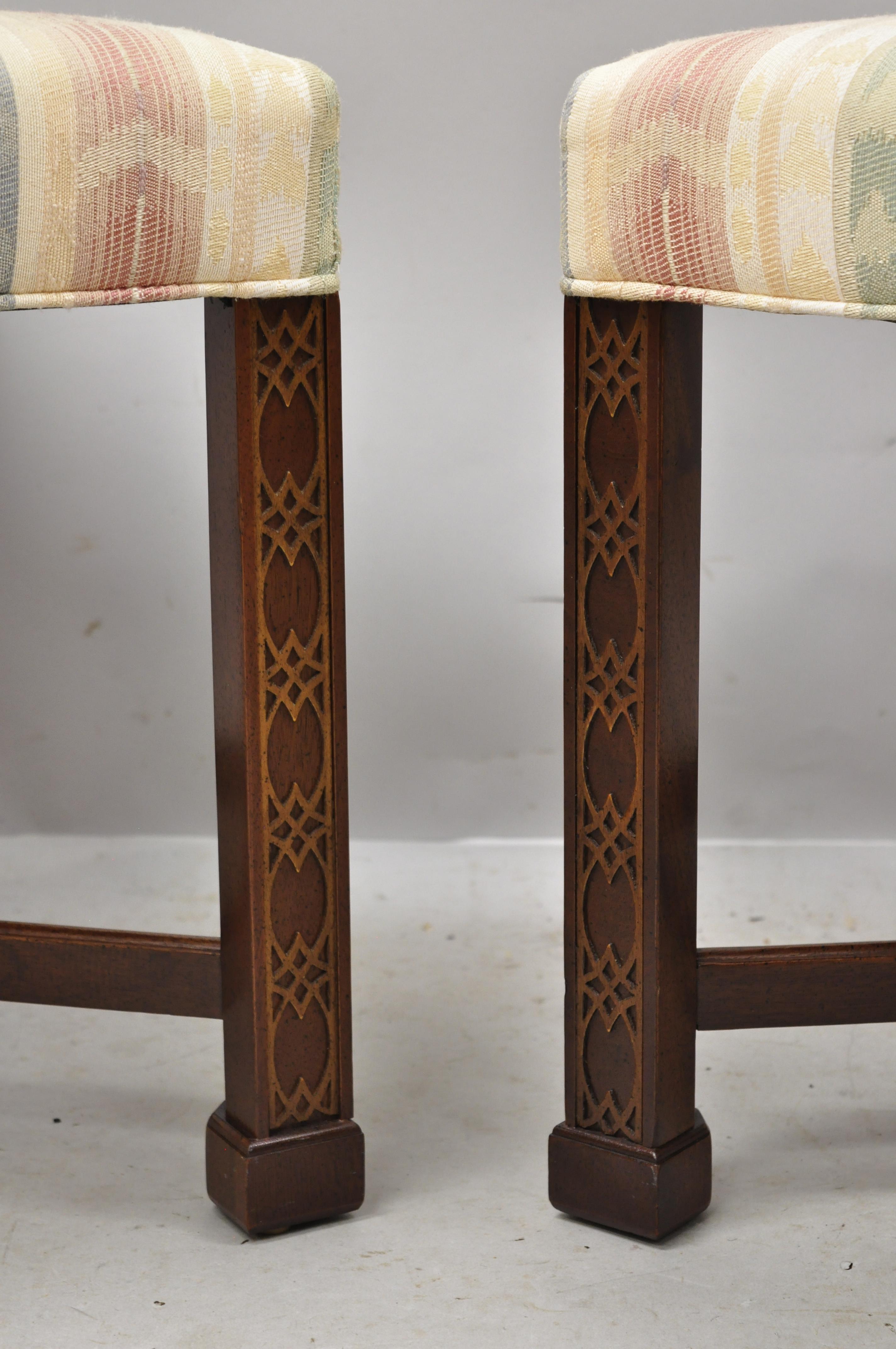 North American Ethan Allen Chinese Chippendale Style Mahogany Fretwork Square Stools, a Pair