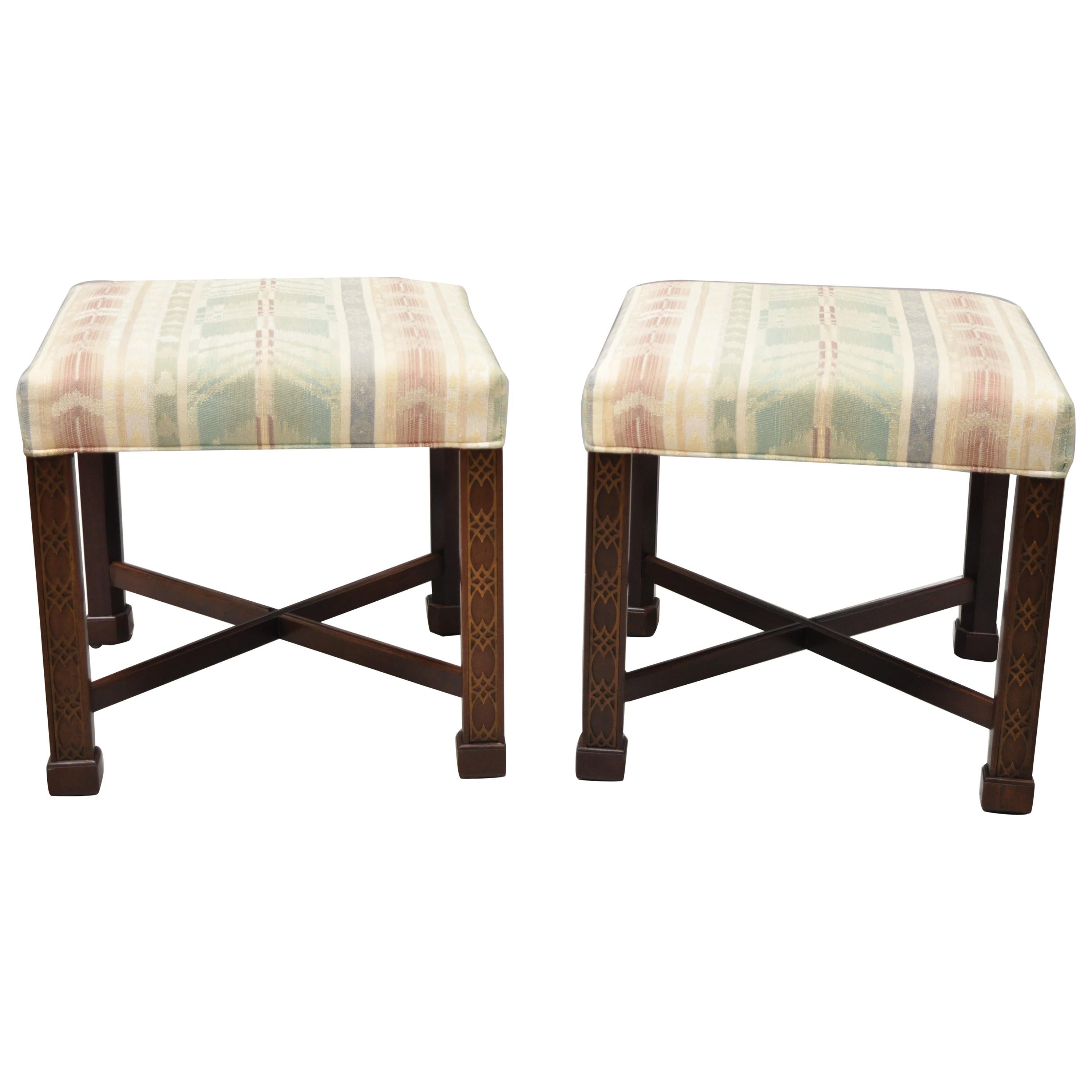 Ethan Allen Chinese Chippendale Style Mahogany Fretwork Square Stools, a Pair