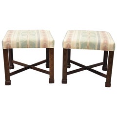 Vintage Ethan Allen Chinese Chippendale Style Mahogany Fretwork Square Stools, a Pair